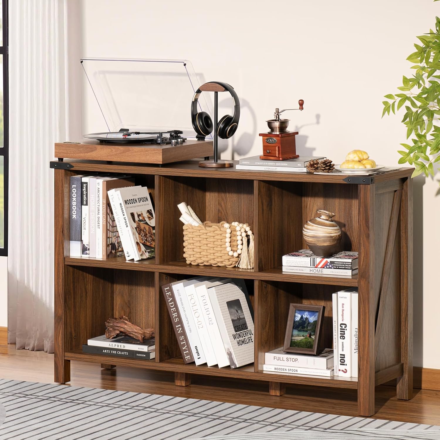 1-3 Farmhouse 6 Cube Book Shelf, Wood 3 Tier Storage Organizer Bookshelf, Brown Walnut 47" Horizontal Cubby Bookcase with Legs, Rustic Entryway Book Case, Long Display Cabinet for Bedroom, Office