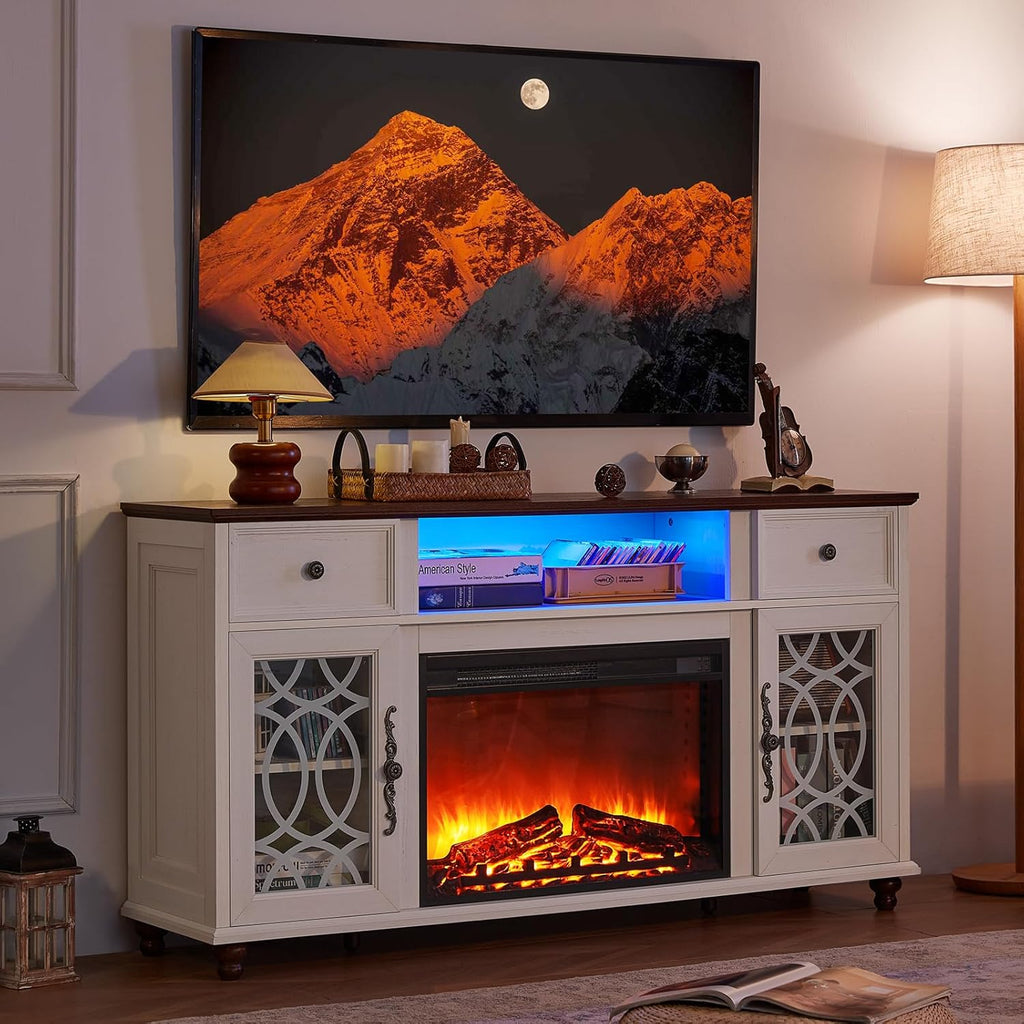 Farmhouse White Fireplace TV Stand, 59" Entertainment Center with Electric Fireplace & LED Lights for TVs up to 65'', Glass Door Fire Place TV Stands for Living Room, Media Console w/Drawers