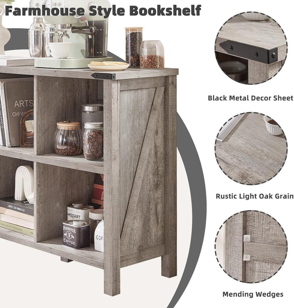 1-4 Farmhouse 6 Cube Bookshelf, Rustic Grey Oak Wooden Storage Organizer Book Shelf, 47 Inch Cubby Hallway Bookcase, Kids Toy Storage Cabinet, Modern Open Book Case for Living Room, Hallway