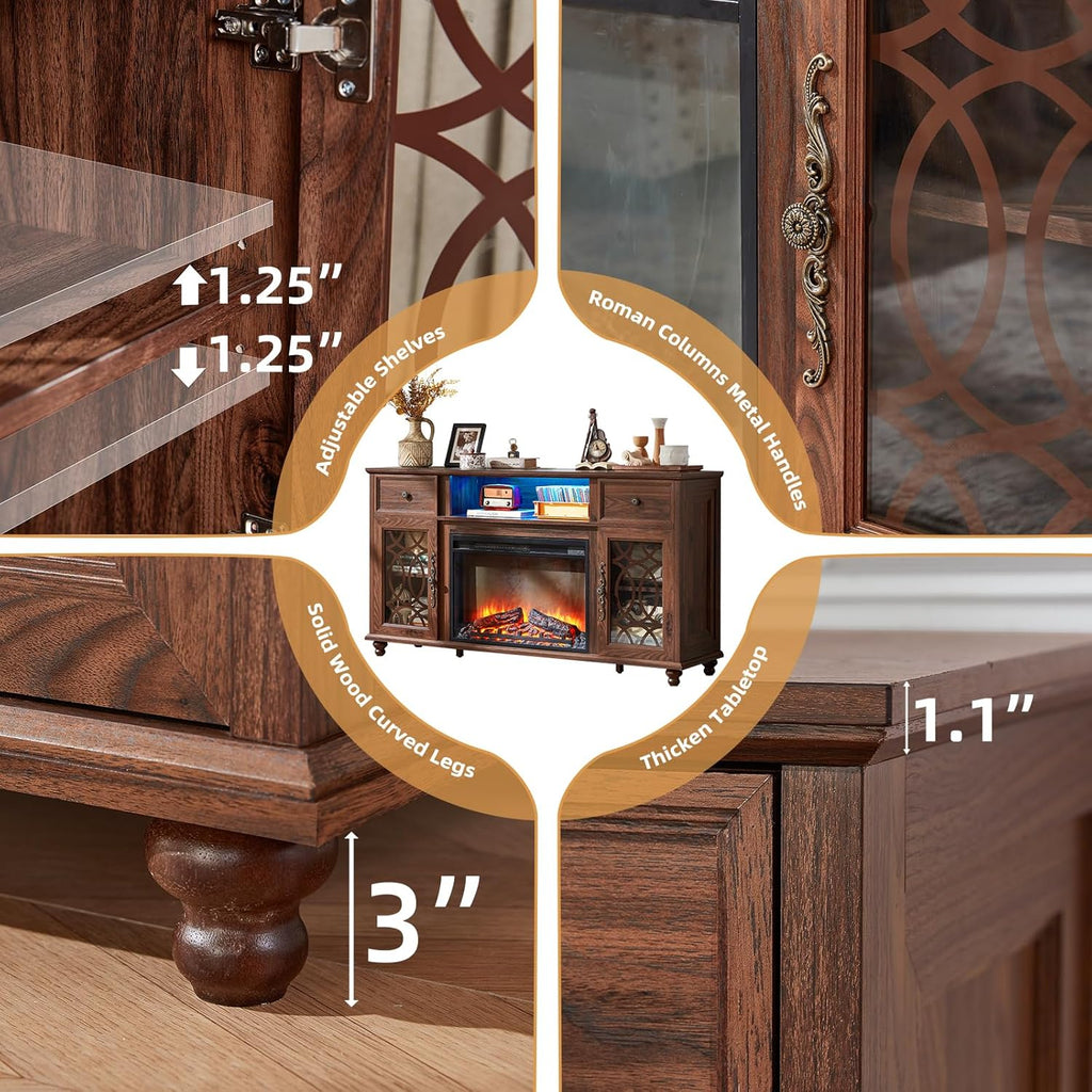 Farmhouse Fireplace TV Stand, 59" Entertainment Center with Electric Fireplace & LED Lights for TVs up to 65'', Glass Door Fire Place TV Stands for Living Room, Media Console w/Drawers,Brown