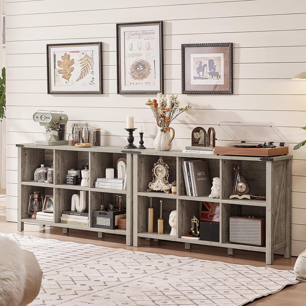 1-4 Farmhouse 6 Cube Bookshelf, Rustic Grey Oak Wooden Storage Organizer Book Shelf, 47 Inch Cubby Hallway Bookcase, Kids Toy Storage Cabinet, Modern Open Book Case for Living Room, Hallway