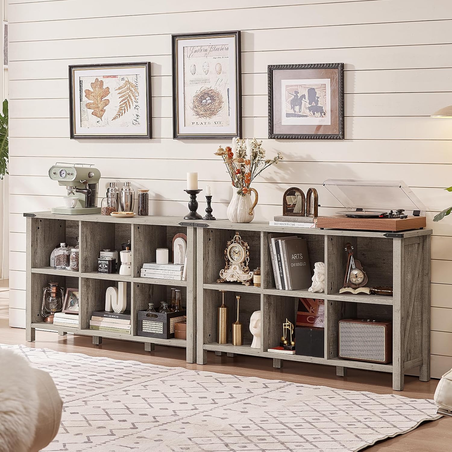 1-4 Farmhouse 6 Cube Bookshelf, Rustic Grey Oak Wooden Storage Organizer Book Shelf, 47 Inch Cubby Hallway Bookcase, Kids Toy Storage Cabinet, Modern Open Book Case for Living Room, Hallway