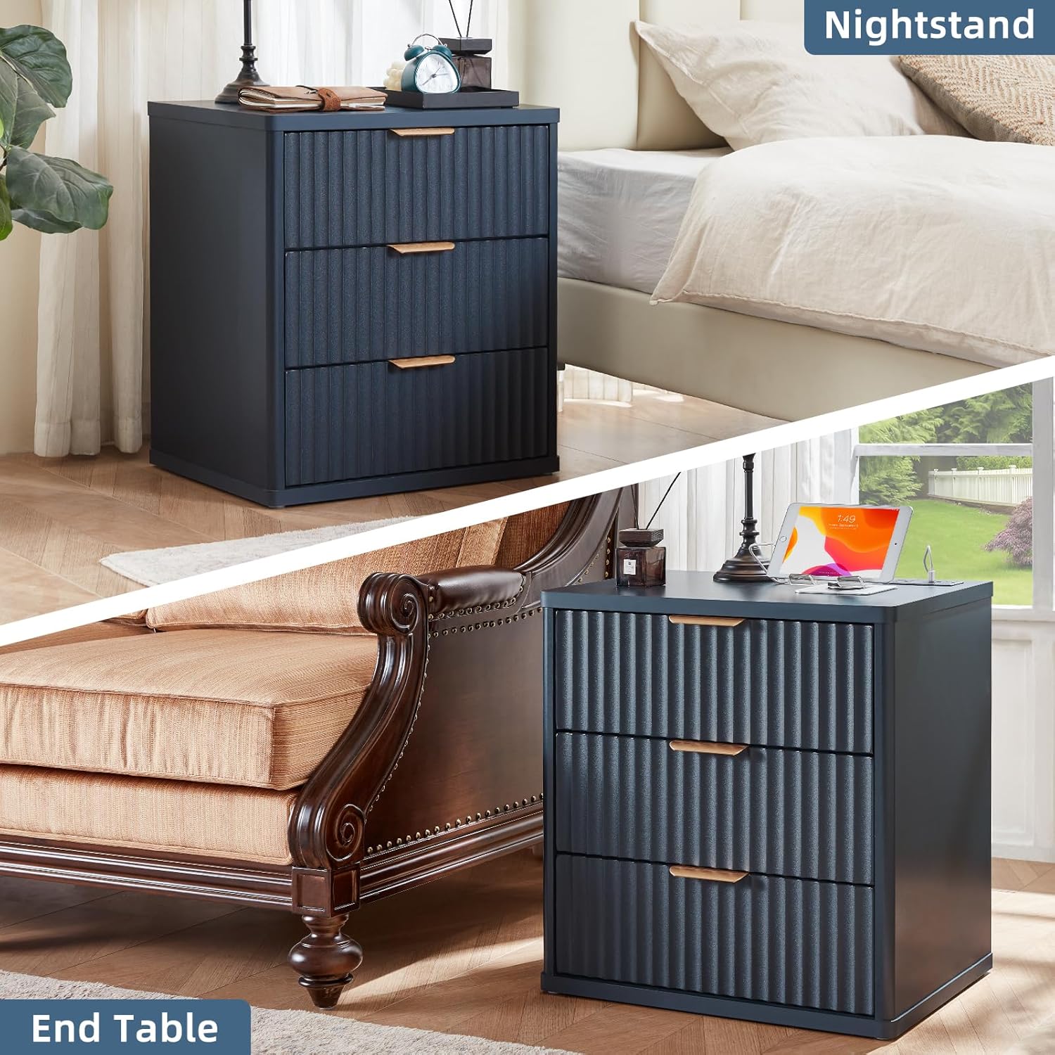 23" Wide Fluted Night Stand with Charging Station, 3 Drawers Large End Table with Storage,Nightstand Wood Bedside Tables, Farmhouse Cabinet Dresser for Bedroom,Closet