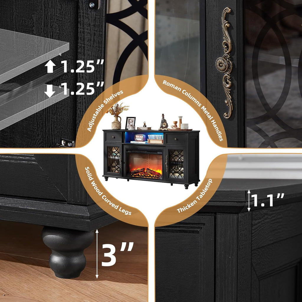 Farmhouse Fireplace TV Stand, 59" Entertainment Center with Electric Fireplace & LED Lights for TVs up to 65'', Glass Door Fire Place TV Stands for Living Room, Media Console w/Drawers