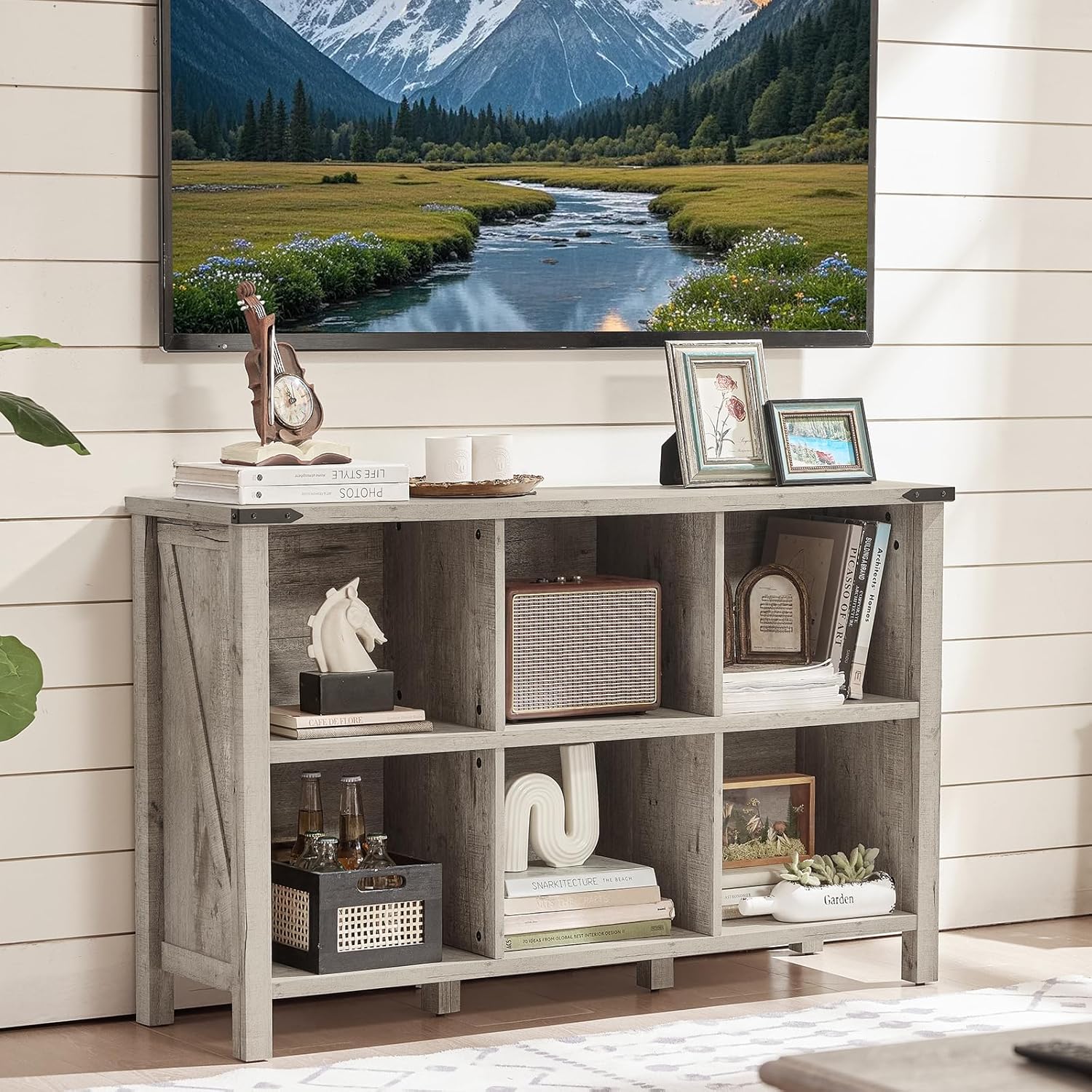 1-4 Farmhouse 6 Cube Bookshelf, Rustic Grey Oak Wooden Storage Organizer Book Shelf, 47 Inch Cubby Hallway Bookcase, Kids Toy Storage Cabinet, Modern Open Book Case for Living Room, Hallway