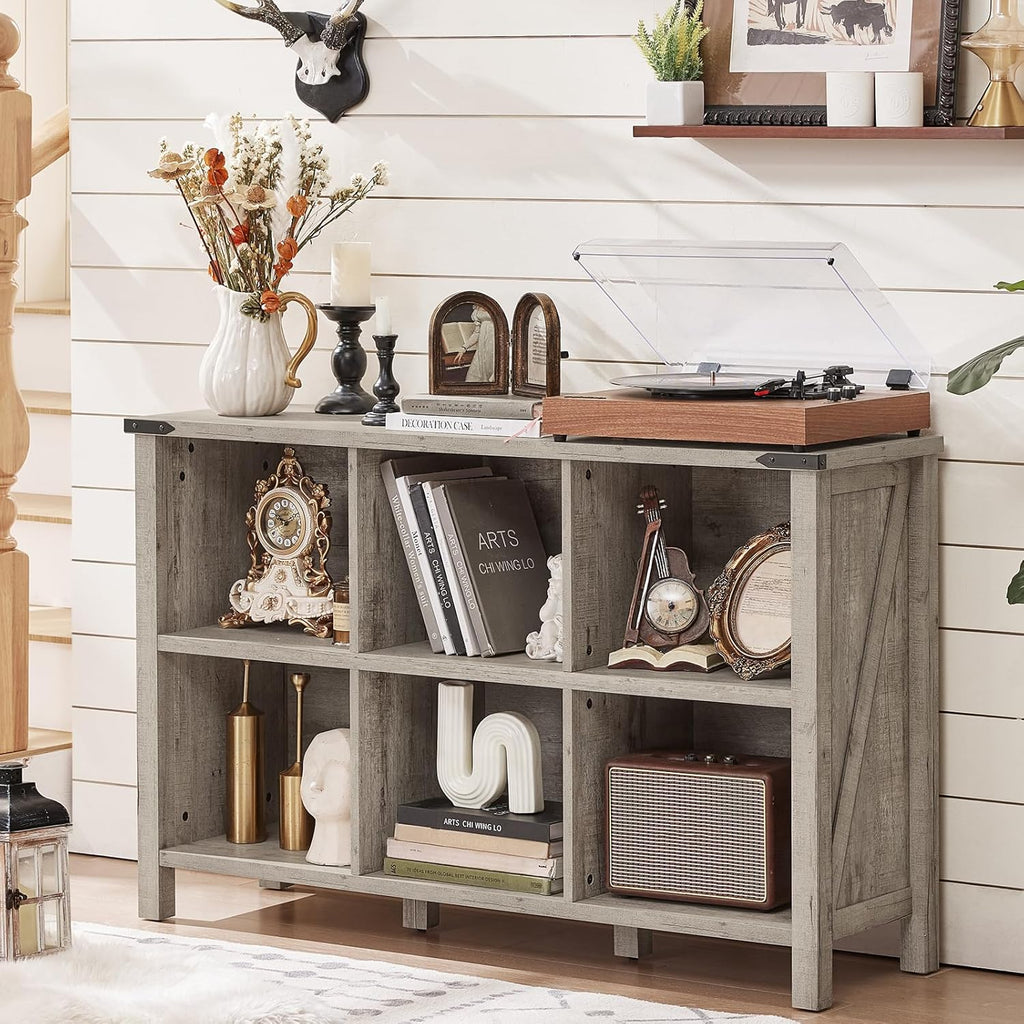 1-4 Farmhouse 6 Cube Bookshelf, Rustic Grey Oak Wooden Storage Organizer Book Shelf, 47 Inch Cubby Hallway Bookcase, Kids Toy Storage Cabinet, Modern Open Book Case for Living Room, Hallway