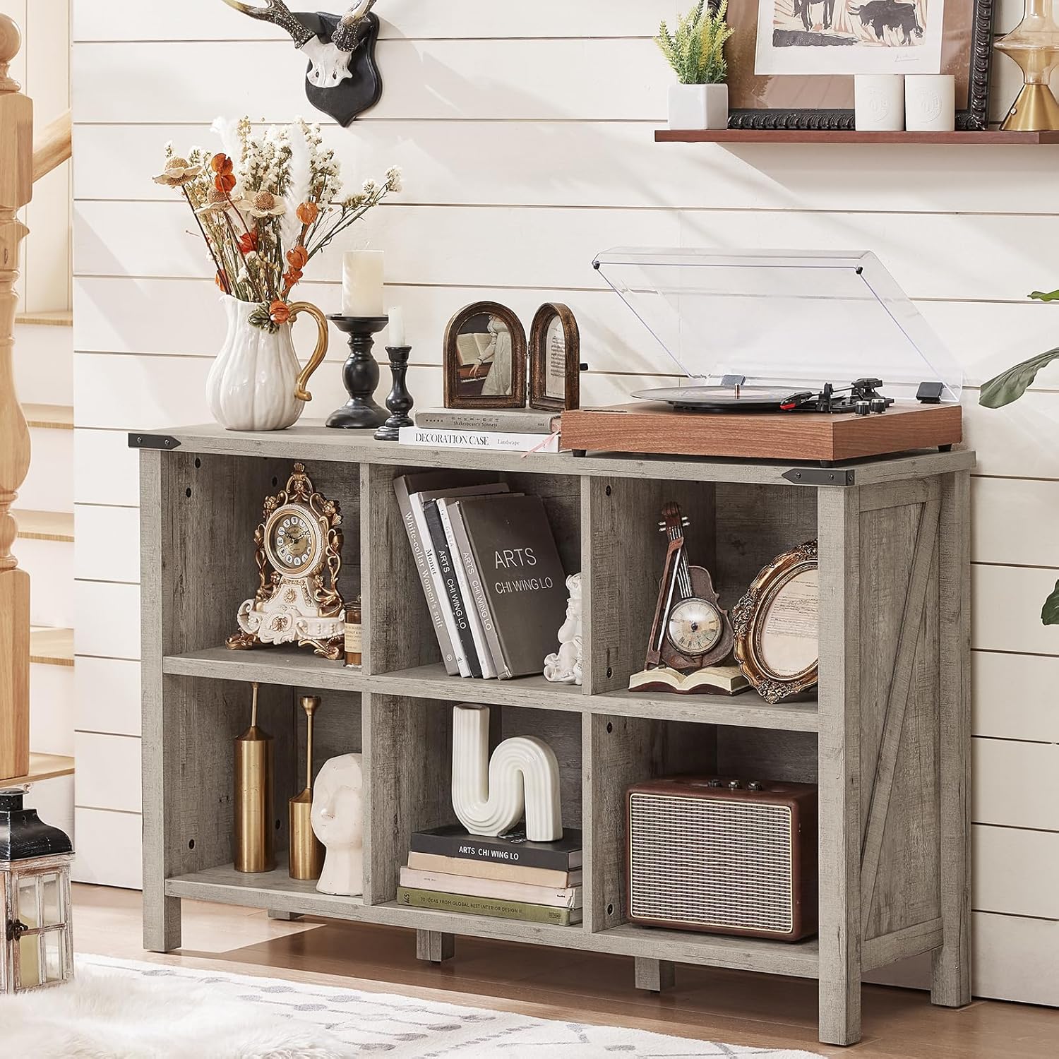 1-4 Farmhouse 6 Cube Bookshelf, Rustic Grey Oak Wooden Storage Organizer Book Shelf, 47 Inch Cubby Hallway Bookcase, Kids Toy Storage Cabinet, Modern Open Book Case for Living Room, Hallway