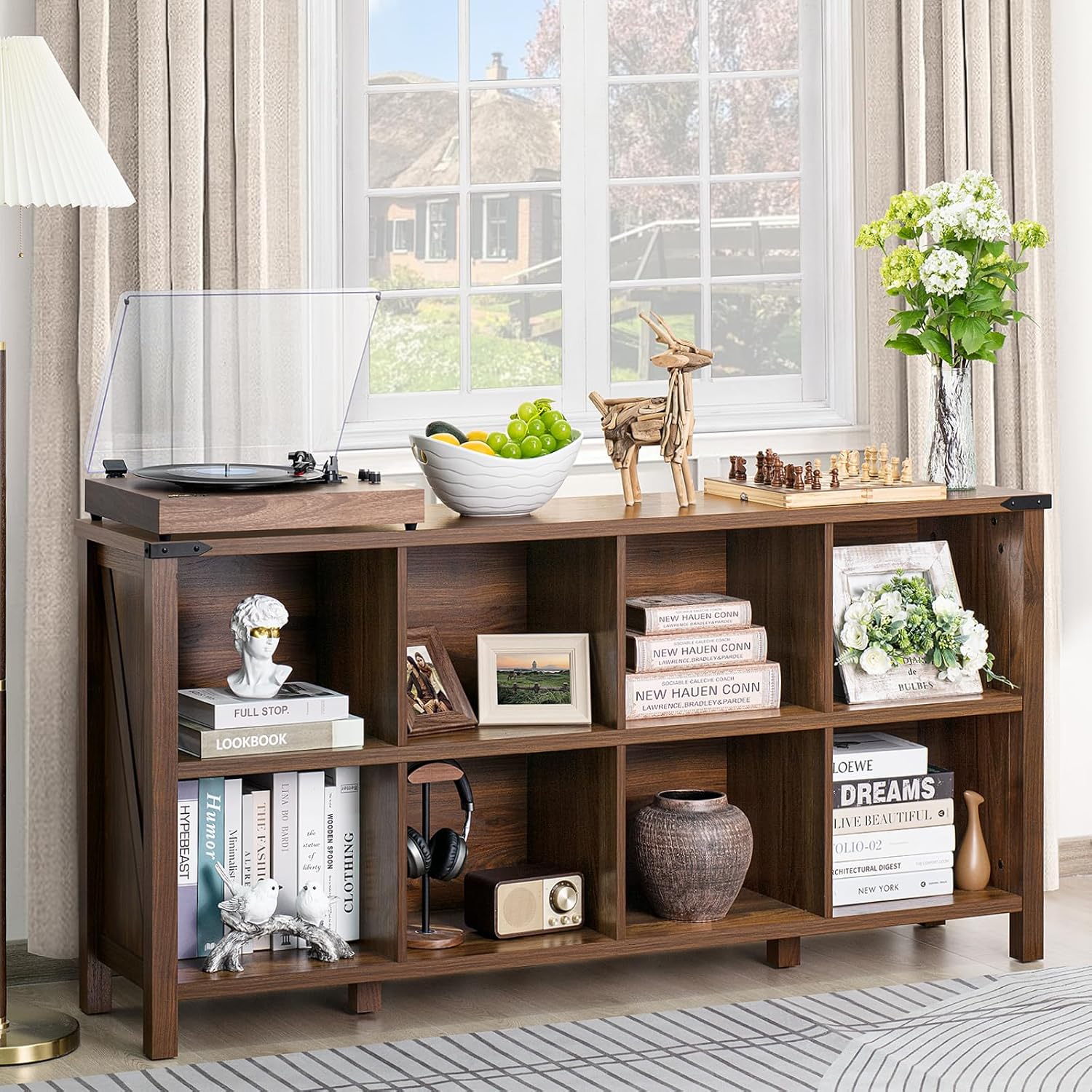 2-3 8 Cube Book Shelf, Farmhouse Wood Long Storage Organizer Bookcase, 62" Horizontal Brown Walnut Console Closet Bookshelf, Hallway TV Stand for Entryway, Display Cabinet Book Case for Office