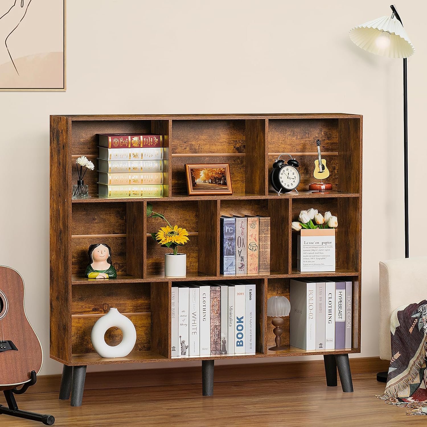 10 Cube Bookshelf,3 Tier Modern Wide Bookcase with Legs,Mid-Century Wood Bookshelves Storage，Natural Large Book Case,Freestanding Organizer Display Shelf for Bedroom,Living Room,Office