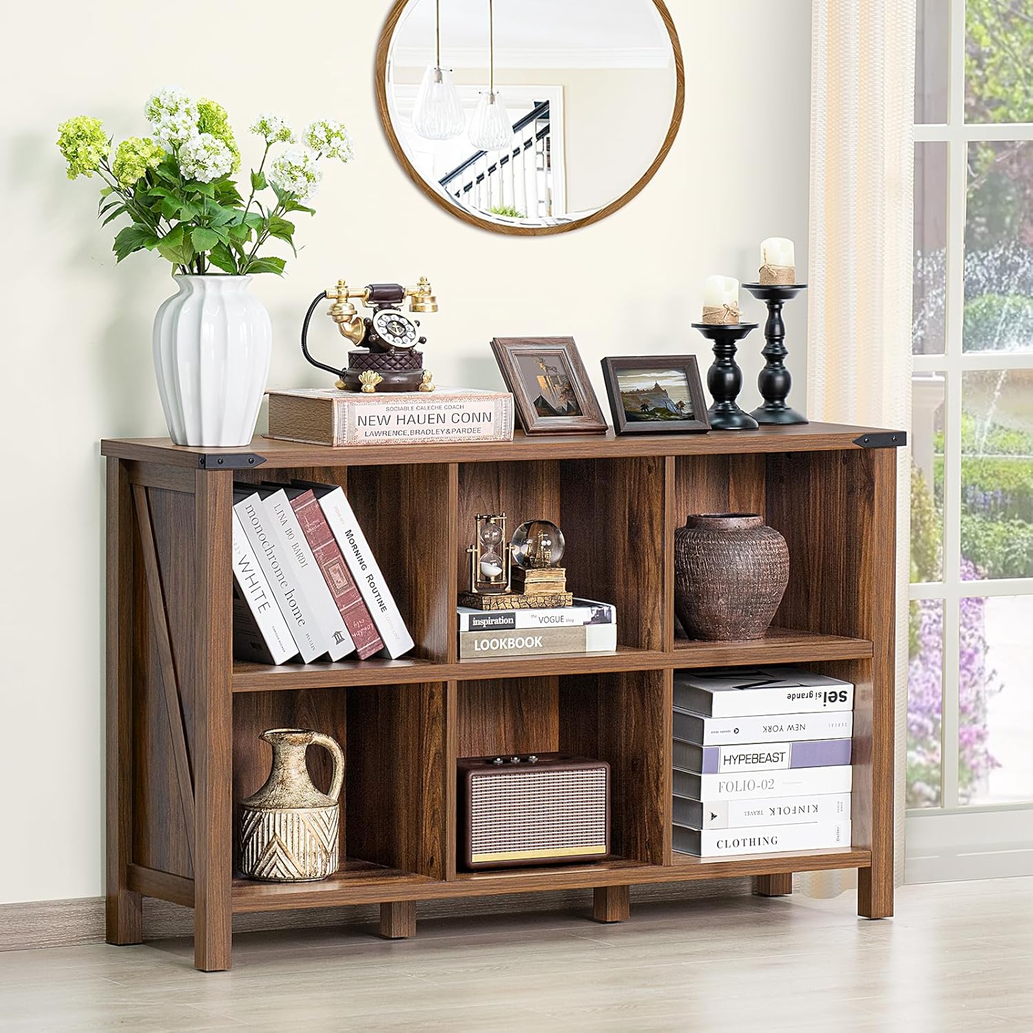 1-3 Farmhouse 6 Cube Book Shelf, Wood 3 Tier Storage Organizer Bookshelf, Brown Walnut 47" Horizontal Cubby Bookcase with Legs, Rustic Entryway Book Case, Long Display Cabinet for Bedroom, Office
