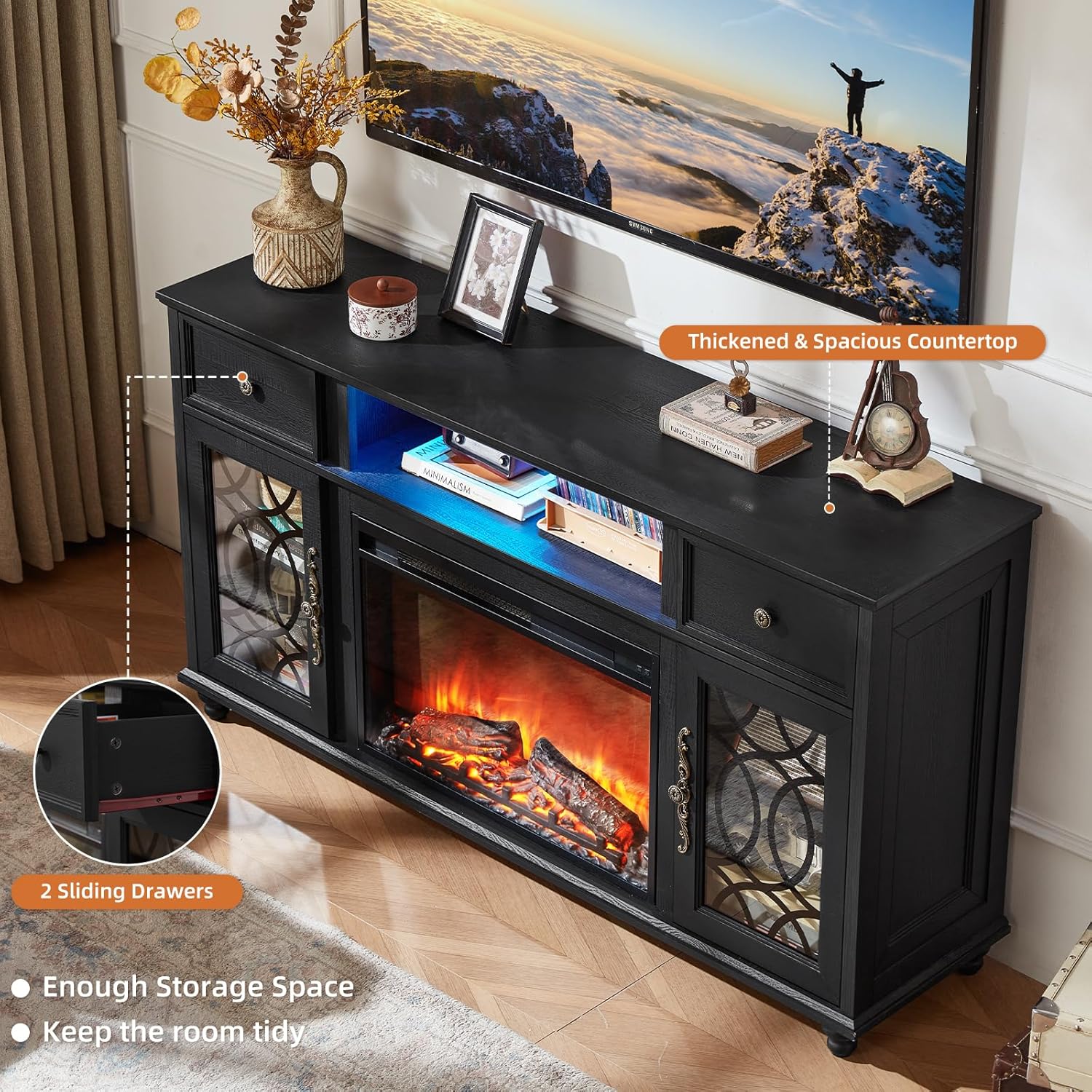 Farmhouse Fireplace TV Stand, 59" Entertainment Center with Electric Fireplace & LED Lights for TVs up to 65'', Glass Door Fire Place TV Stands for Living Room, Media Console w/Drawers