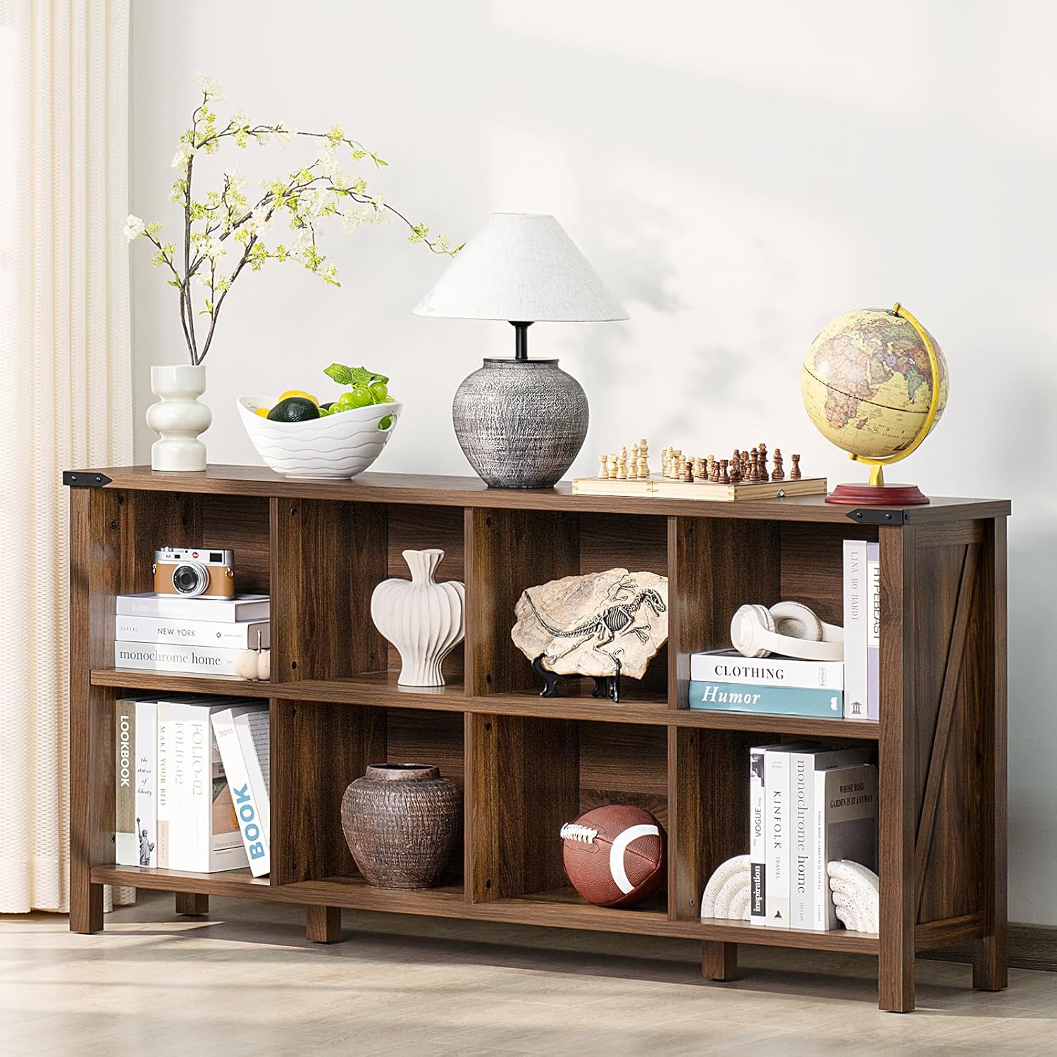 2-3 8 Cube Book Shelf, Farmhouse Wood Long Storage Organizer Bookcase, 62" Horizontal Brown Walnut Console Closet Bookshelf, Hallway TV Stand for Entryway, Display Cabinet Book Case for Office
