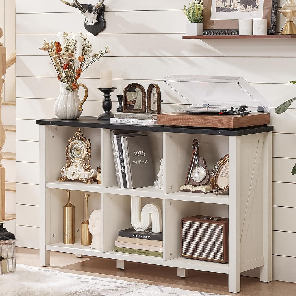 1-5 Farmhouse 6 Cube Bookshelf, Antique White & Black Wooden Storage Organizer Book Shelf, 47" Cubby Hallway Bookcase, Kids Toy Storage Cabinet, Modern Open Book Case for Living Room, Playroom