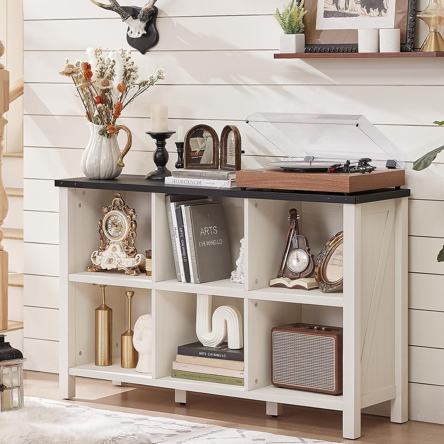 1-5 Farmhouse 6 Cube Bookshelf, Antique White & Black Wooden Storage Organizer Book Shelf, 47" Cubby Hallway Bookcase, Kids Toy Storage Cabinet, Modern Open Book Case for Living Room, Playroom