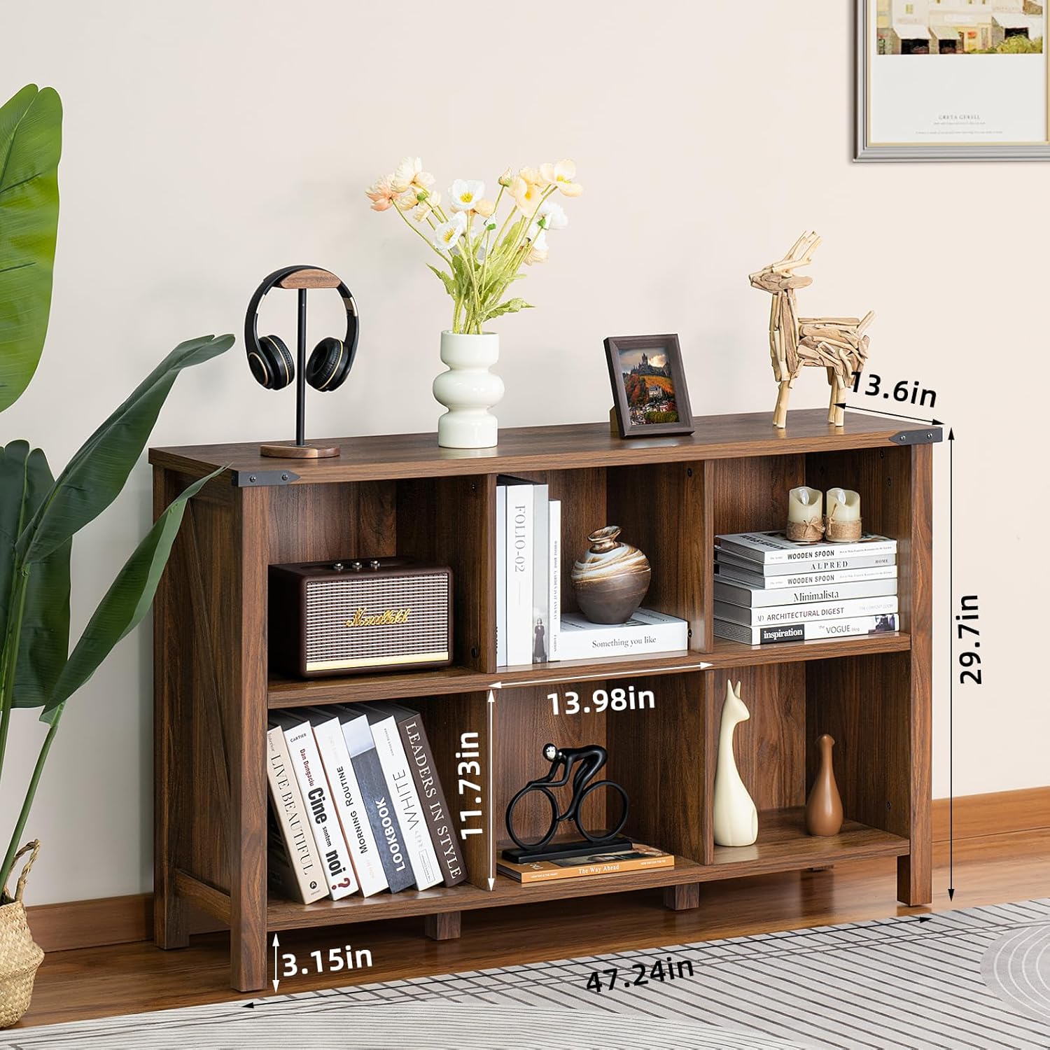 1-3 Farmhouse 6 Cube Book Shelf, Wood 3 Tier Storage Organizer Bookshelf, Brown Walnut 47" Horizontal Cubby Bookcase with Legs, Rustic Entryway Book Case, Long Display Cabinet for Bedroom, Office