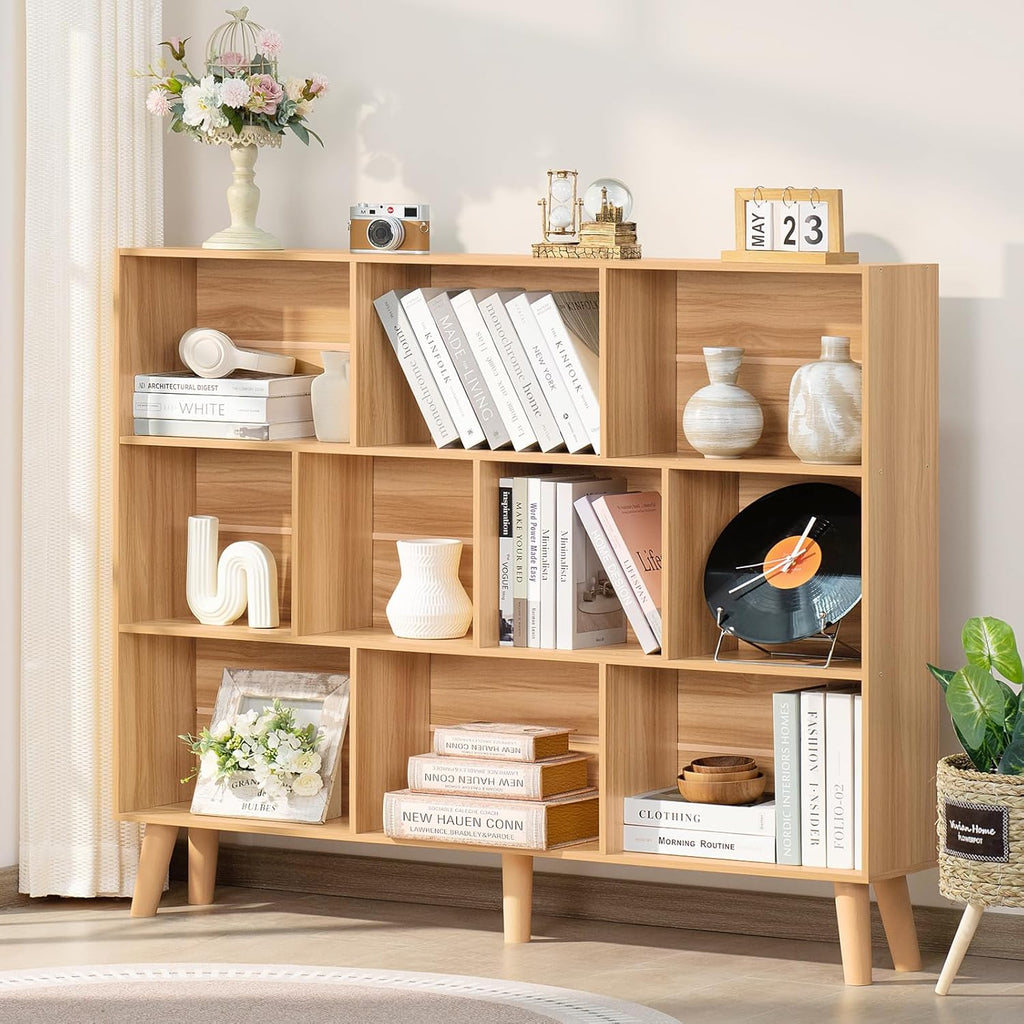10 Cube Bookshelf,3 Tier 55.12" Wide Boho Bookcase with Legs,Mid-Century Wood Bookshelves Storage,Natural Large Book Case,Freestanding Organizer Display Shelf for Bedroom,Living Room,Office