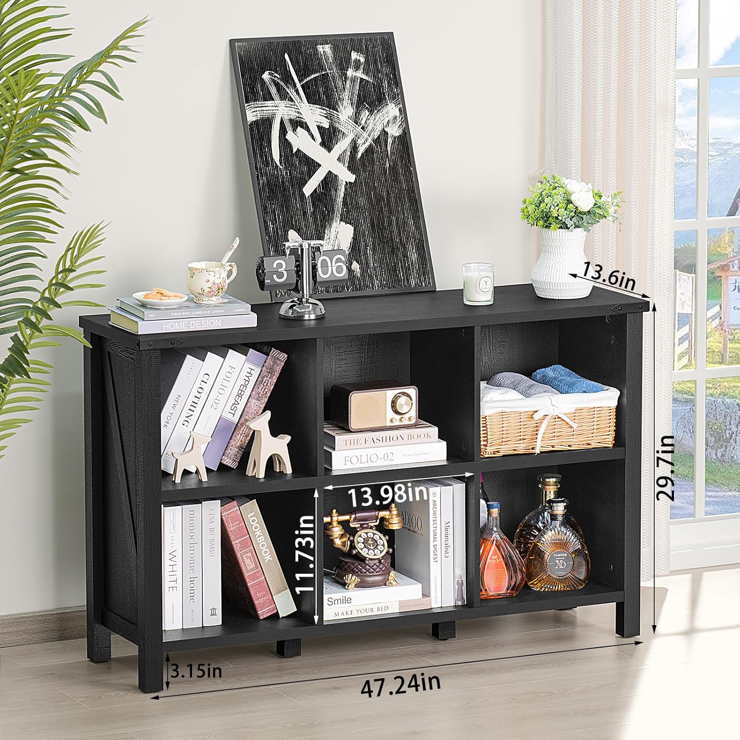 1-2 6 Cube Bookcase, Farmhouse Wood Low Storage Organizer Book Shelf, Black 47" Horizontal Console Bookshelf with Legs, Hallway Book Case for Entryway, Display Cabinet for Living Room, Office