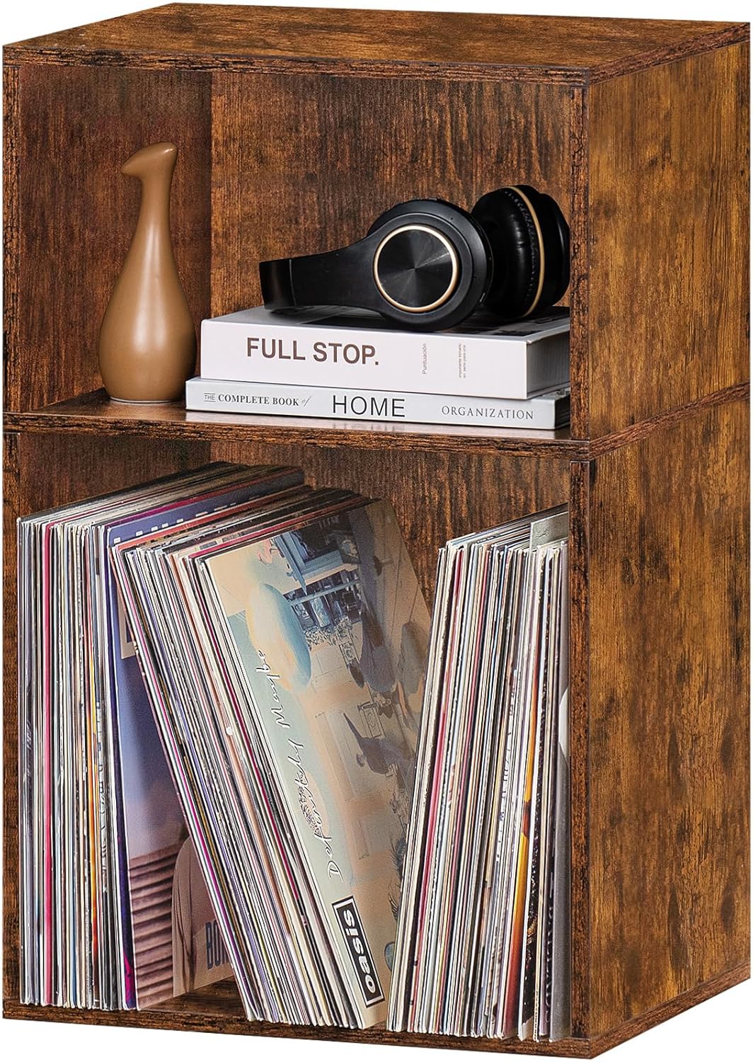 2 Cube Bookshelf,Brown Record Player Stand Holds up to 100 Albums, Mini Wood Book Shelf Storage Organizer,Turntable Stand with Vinyl Storage Cabinet, Narrow Open Bookcase for Small Spaces