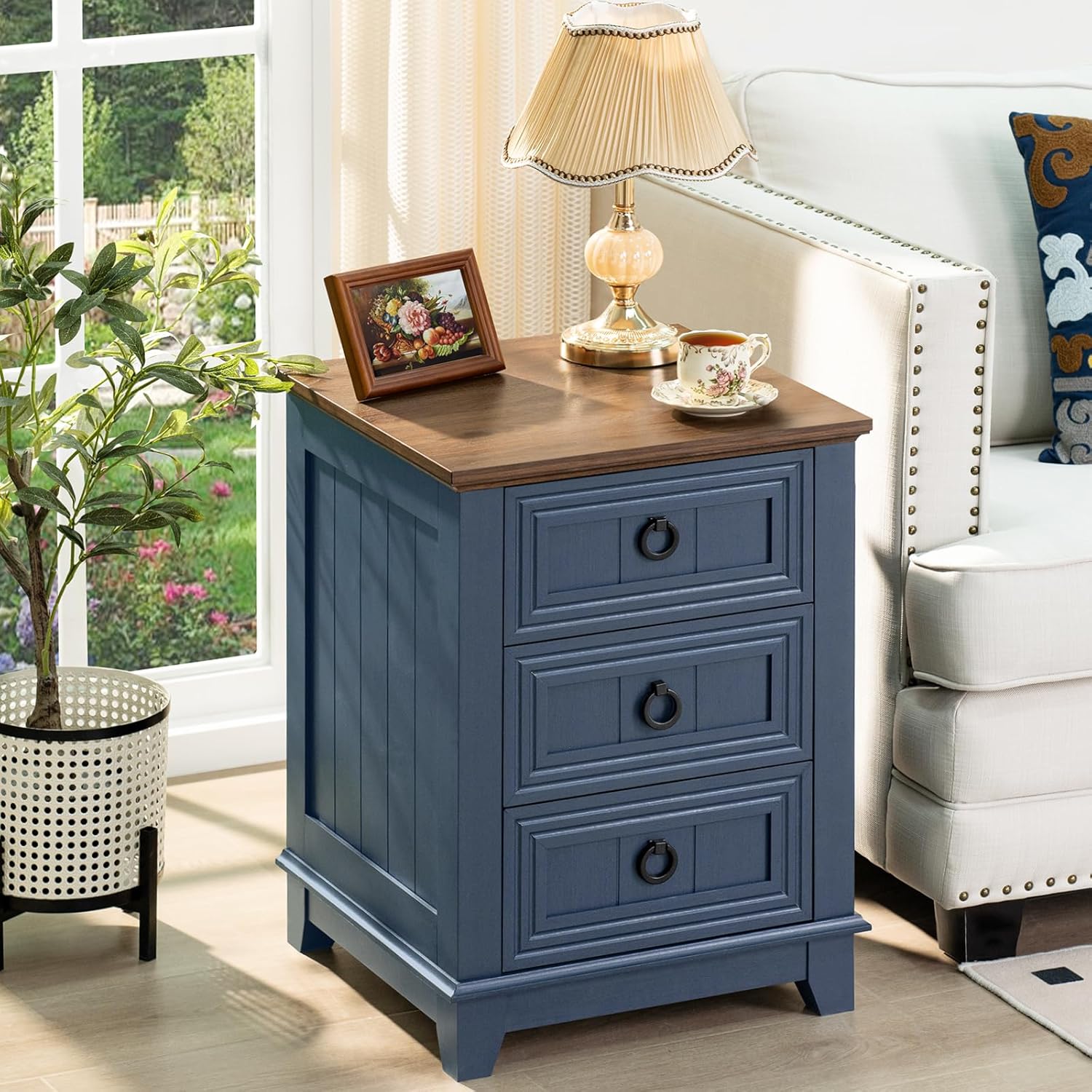 18" Farmhouse Night Stands Set of 2 with 3 Drawers, Wood Bedside End Table, Natural Nightstand, Bed Side Table Cabinet with Metal Handle for Bedroom Living Room, Closet