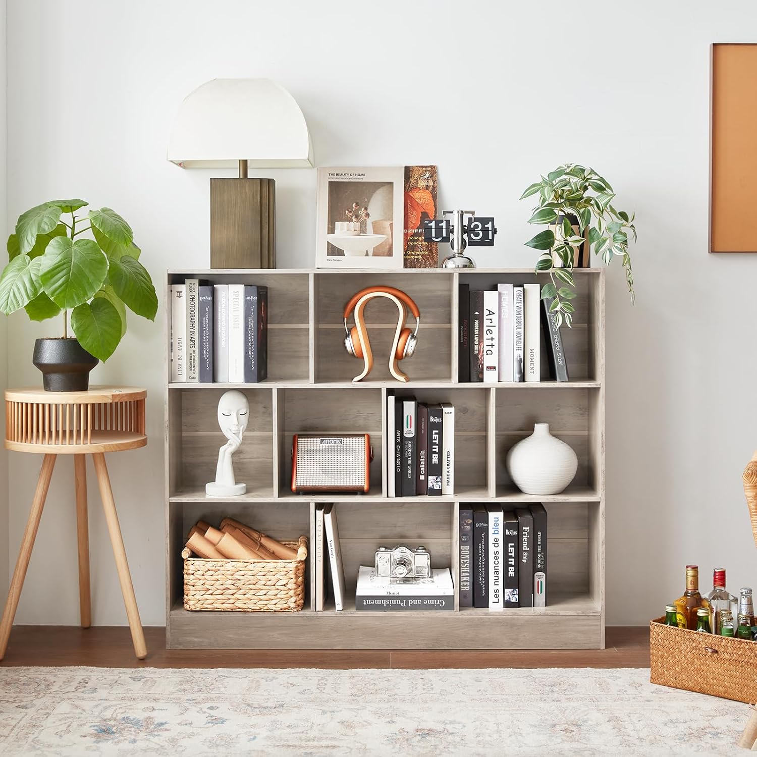 0 Cube Bookshelf with Base,3 Tier Mid-Century Modern Grey Bookcase,Standing Wide Bookshelves Storage Organizer Shelf,Rustic Wood Display Cabinet Book Shelves for Bedroom,Living Room,Office