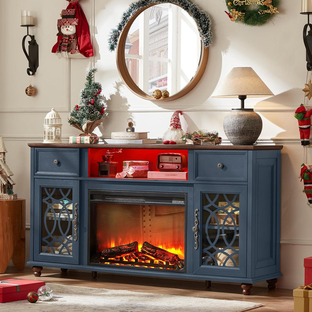 Farmhouse Fireplace TV Stand, 59" Entertainment Center with Electric Fireplace & LED Lights for TVs up to 65'', Glass Door Fire Place TV Stands for Living Room, Media Console w/Drawers, Blue