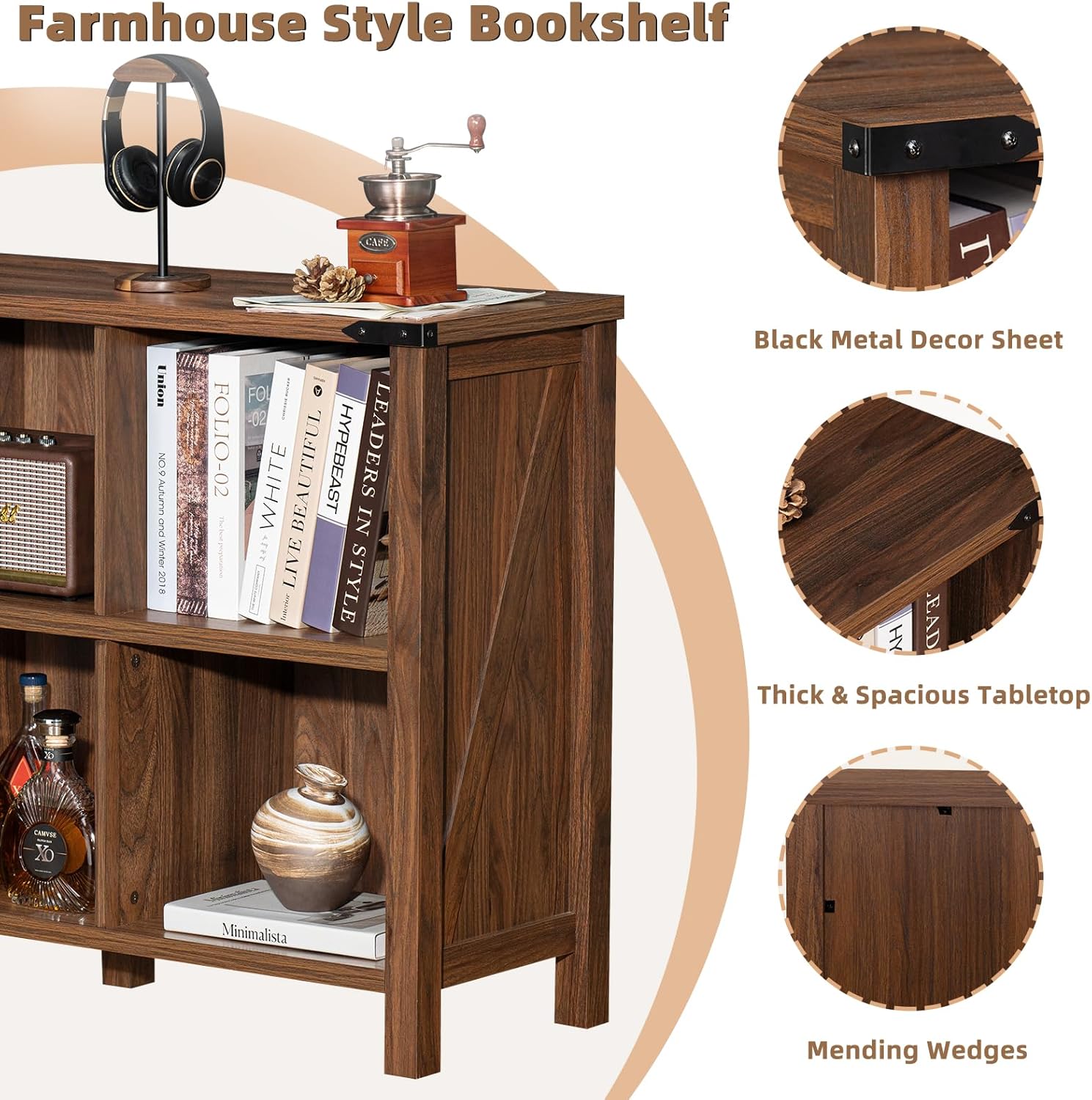1-3 Farmhouse 6 Cube Book Shelf, Wood 3 Tier Storage Organizer Bookshelf, Brown Walnut 47" Horizontal Cubby Bookcase with Legs, Rustic Entryway Book Case, Long Display Cabinet for Bedroom, Office