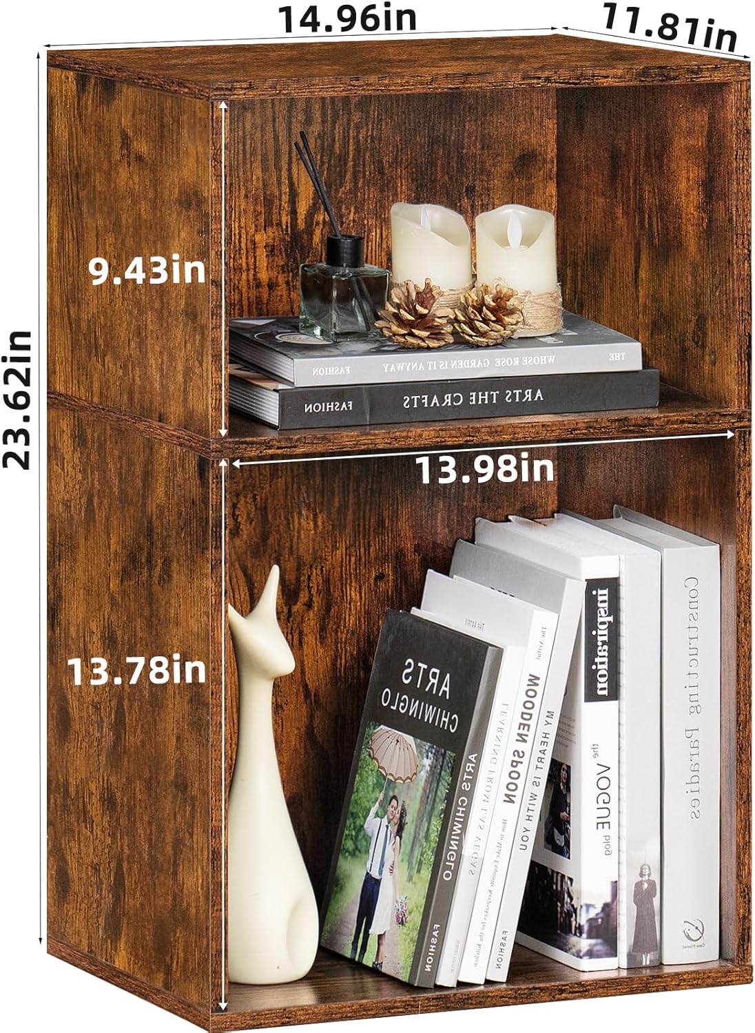 2 Cube Bookshelf,Brown Record Player Stand Holds up to 100 Albums, Mini Wood Book Shelf Storage Organizer,Turntable Stand with Vinyl Storage Cabinet, Narrow Open Bookcase for Small Spaces