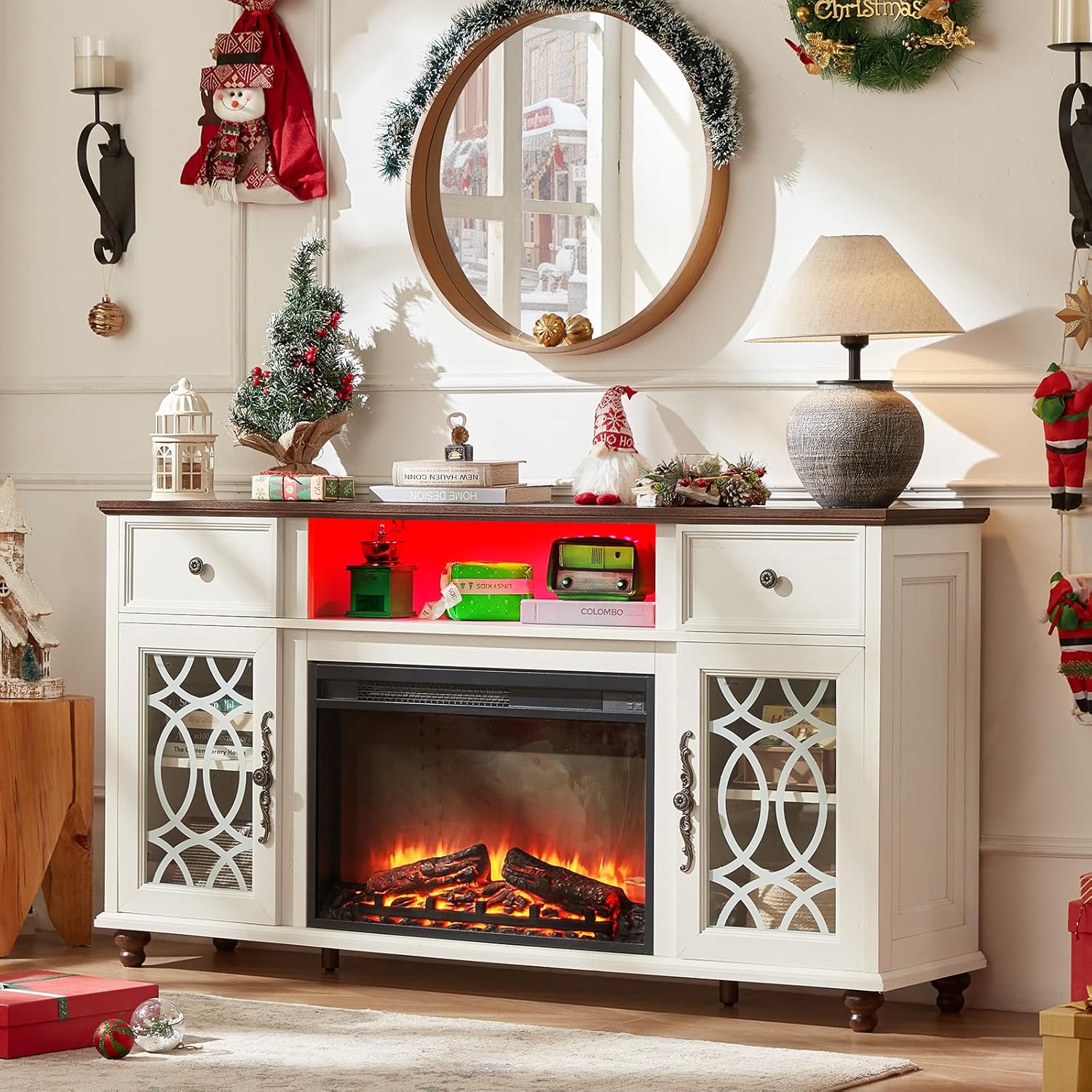 Farmhouse White Fireplace TV Stand, 59" Entertainment Center with Electric Fireplace & LED Lights for TVs up to 65'', Glass Door Fire Place TV Stands for Living Room, Media Console w/Drawers