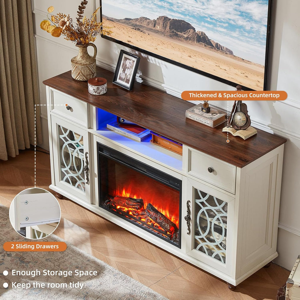 Farmhouse White Fireplace TV Stand, 59" Entertainment Center with Electric Fireplace & LED Lights for TVs up to 65'', Glass Door Fire Place TV Stands for Living Room, Media Console w/Drawers
