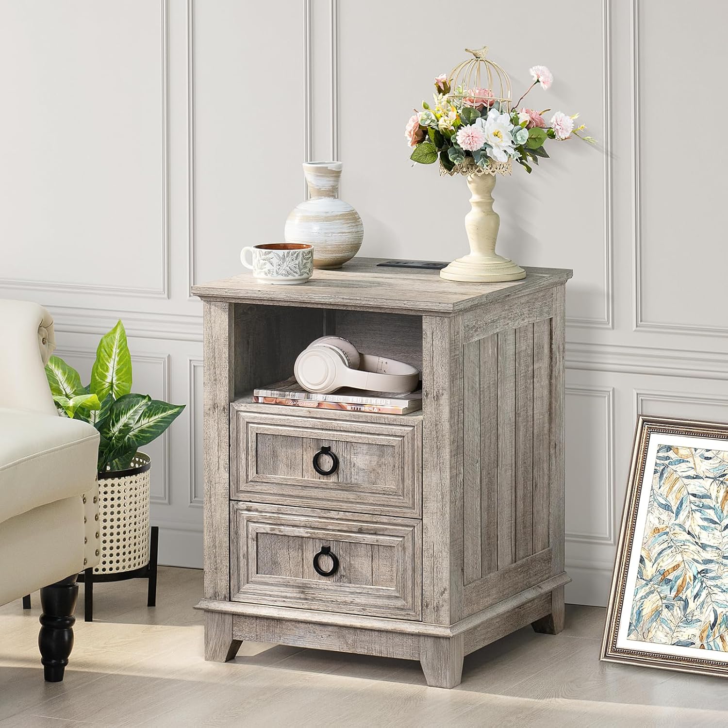 18" Farmhouse Night Stand with Charging Station, 2 Drawers End Table Dresser for Bedroom, Black Wooden Nightstand, Bed Side Table with Open Shelf, Bedside Cabinet for Living Room, Closet