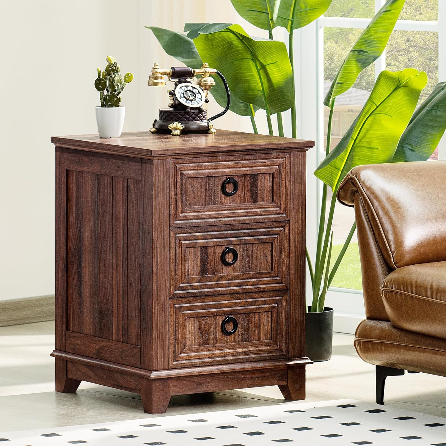 18" Farmhouse Night Stands Set of 2 with 3 Drawers, Wood Bedside End Table, Natural Nightstand, Bed Side Table Cabinet with Metal Handle for Bedroom Living Room, Closet