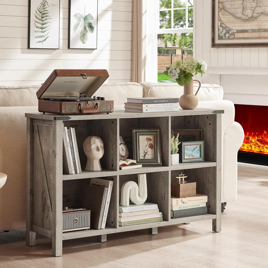 1-4 Farmhouse 6 Cube Bookshelf, Rustic Grey Oak Wooden Storage Organizer Book Shelf, 47 Inch Cubby Hallway Bookcase, Kids Toy Storage Cabinet, Modern Open Book Case for Living Room, Hallway