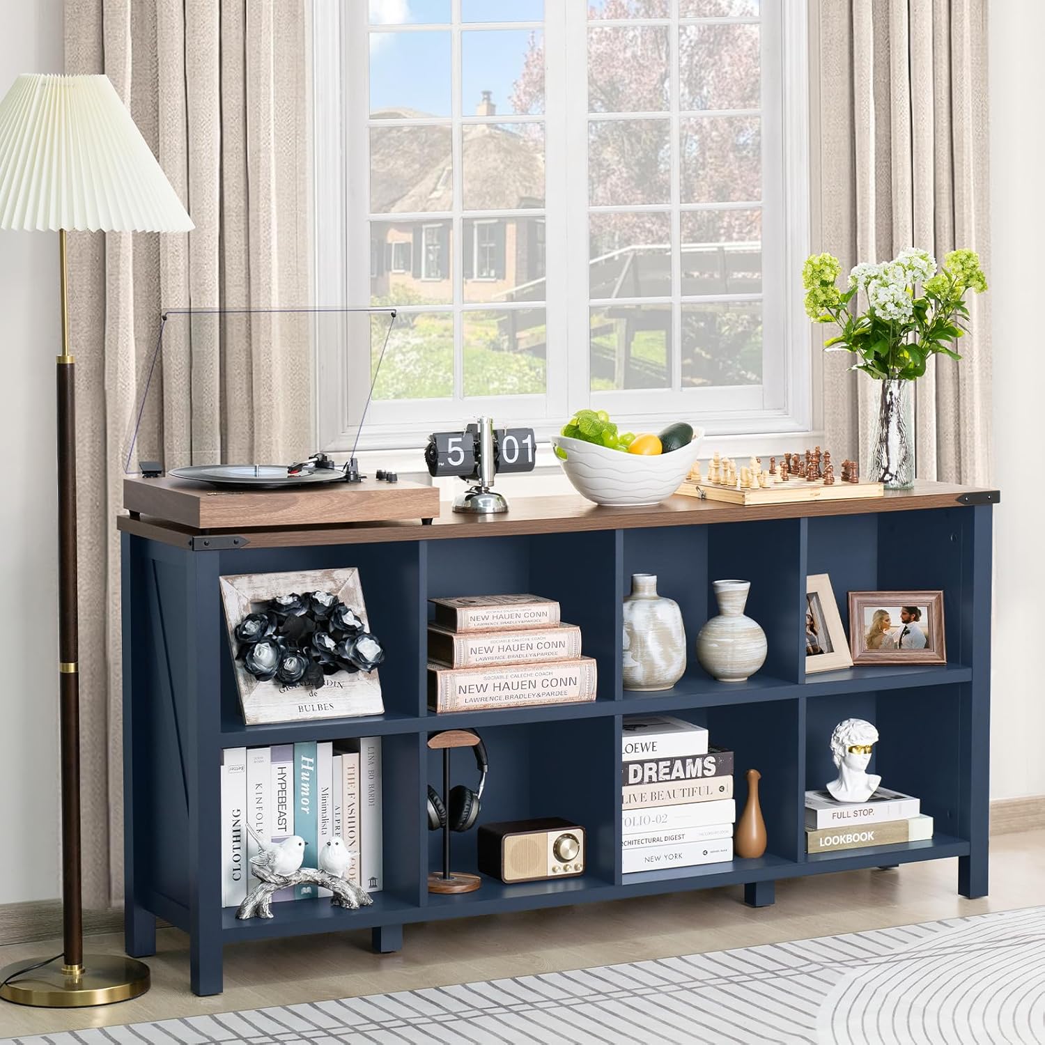 2-1 8 Cube Book Shelf, Farmhouse Wood Long Storage Organizer Bookcase, 62" Horizontal Navy Blue Console Closet Bookshelf, Hallway TV Stand for Entryway, Display Cabinet Book Case for Living Room