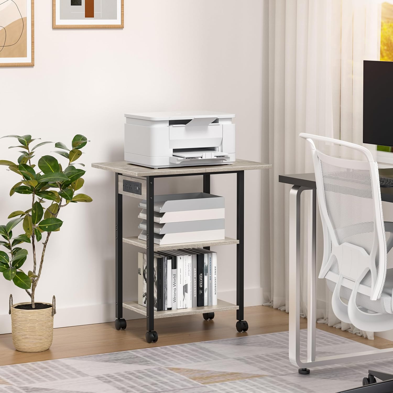 3-Tier Printer Stand with Charging Station, Industrial Mobile Printer Table with Storage Shelf and Steel Frame, Rolling Printer Cart Holder with Lockable Wheels for Home, Office