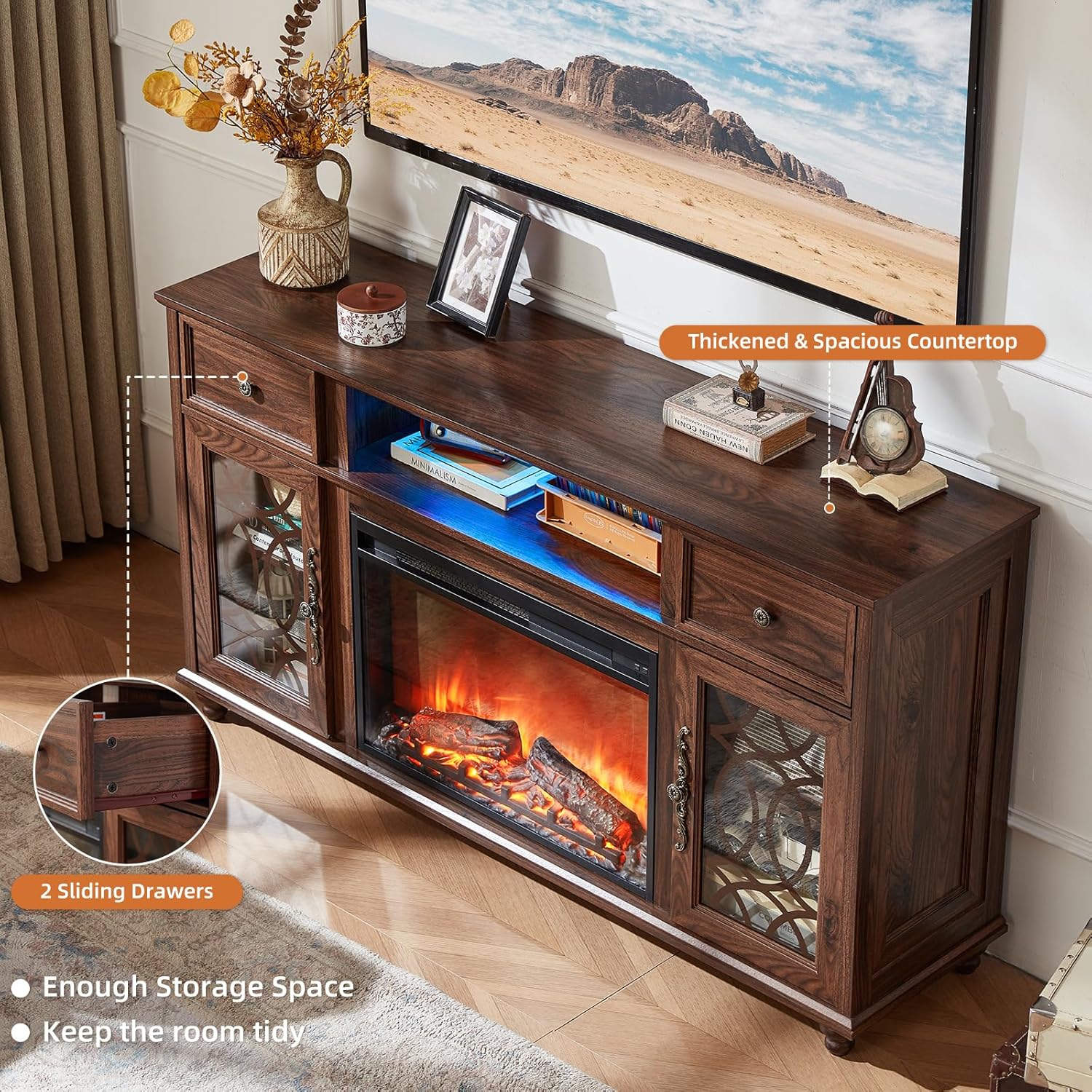 Farmhouse Fireplace TV Stand, 59" Entertainment Center with Electric Fireplace & LED Lights for TVs up to 65'', Glass Door Fire Place TV Stands for Living Room, Media Console w/Drawers,Brown