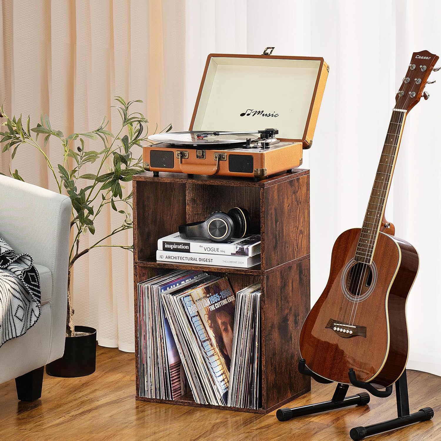 2 Cube Bookshelf,Brown Record Player Stand Holds up to 100 Albums, Mini Wood Book Shelf Storage Organizer,Turntable Stand with Vinyl Storage Cabinet, Narrow Open Bookcase for Small Spaces