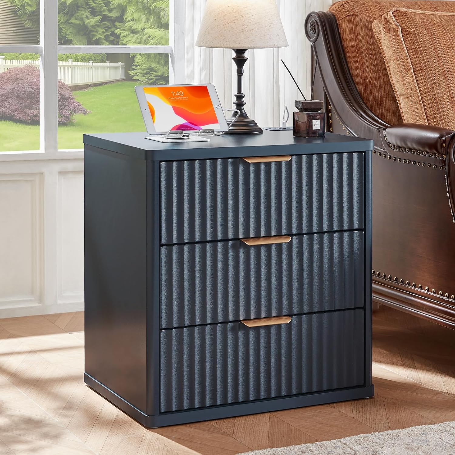 23" Wide Fluted Night Stand with Charging Station, 3 Drawers Large End Table with Storage, Navy Blue Nightstand Wood Bedside Tables, Farmhouse Cabinet Dresser for Bedroom
