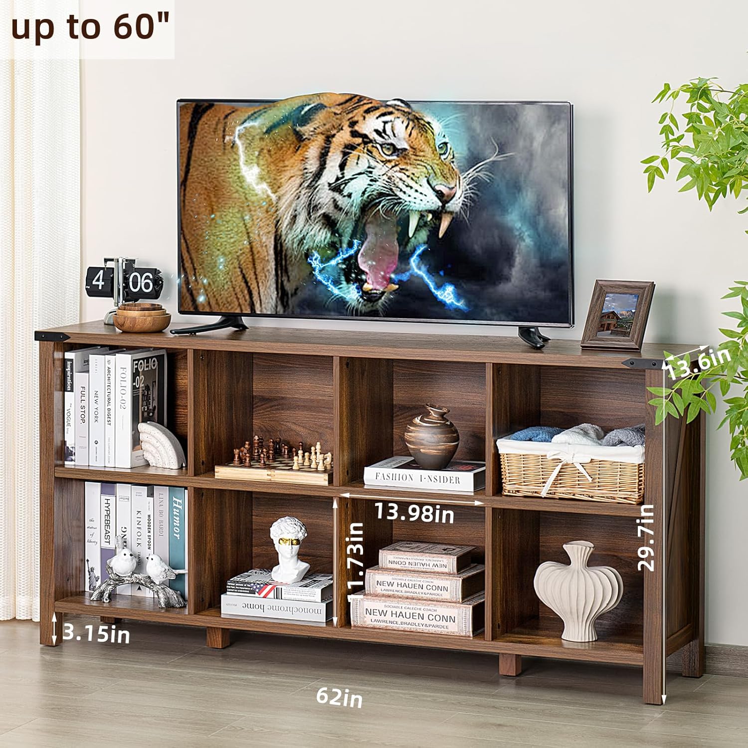 2-3 8 Cube Book Shelf, Farmhouse Wood Long Storage Organizer Bookcase, 62" Horizontal Brown Walnut Console Closet Bookshelf, Hallway TV Stand for Entryway, Display Cabinet Book Case for Office