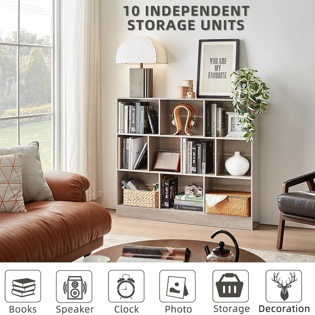 0 Cube Bookshelf with Base,3 Tier Mid-Century Modern Grey Bookcase,Standing Wide Bookshelves Storage Organizer Shelf,Rustic Wood Display Cabinet Book Shelves for Bedroom,Living Room,Office