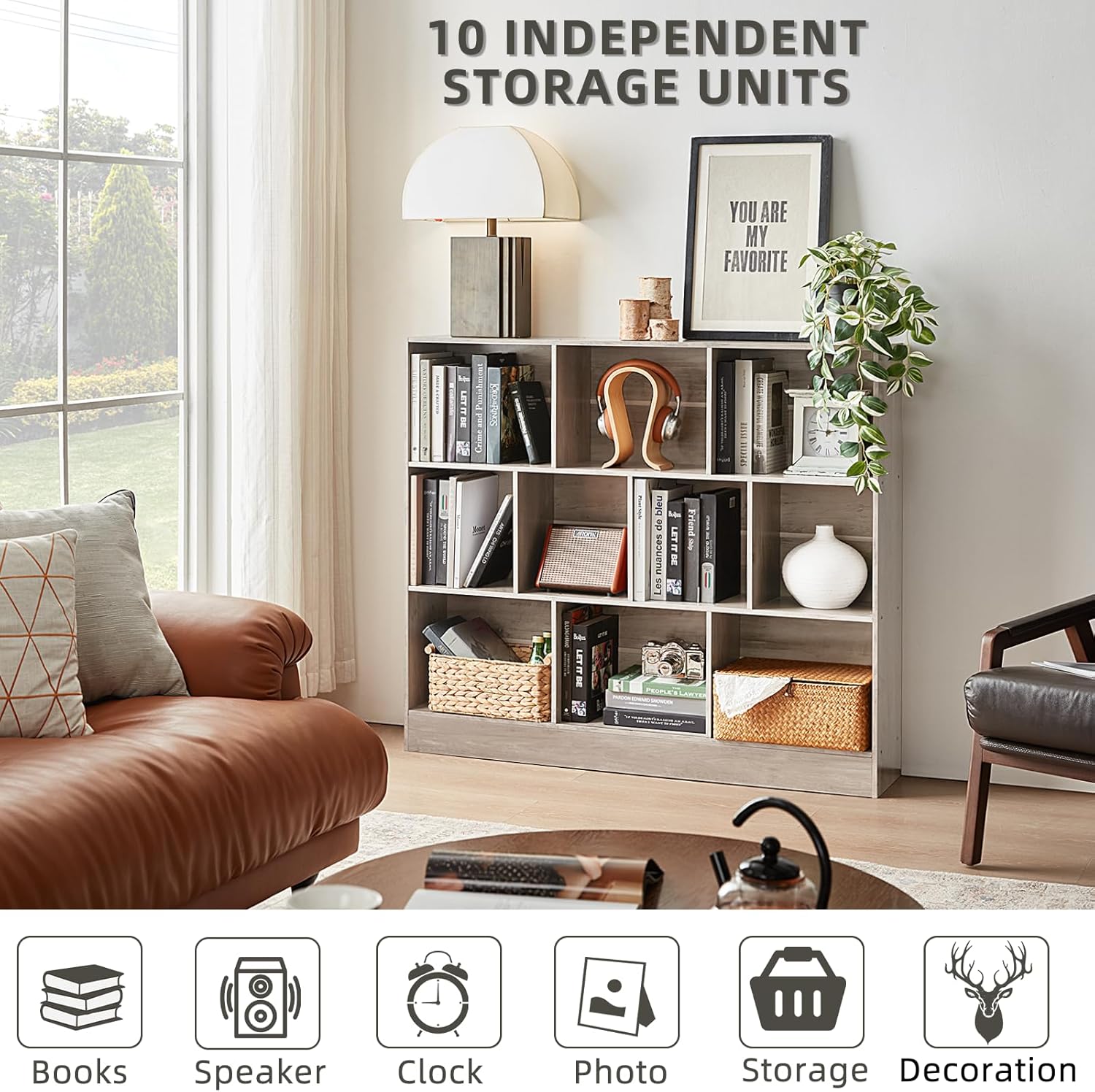 0 Cube Bookshelf with Base,3 Tier Mid-Century Modern Grey Bookcase,Standing Wide Bookshelves Storage Organizer Shelf,Rustic Wood Display Cabinet Book Shelves for Bedroom,Living Room,Office