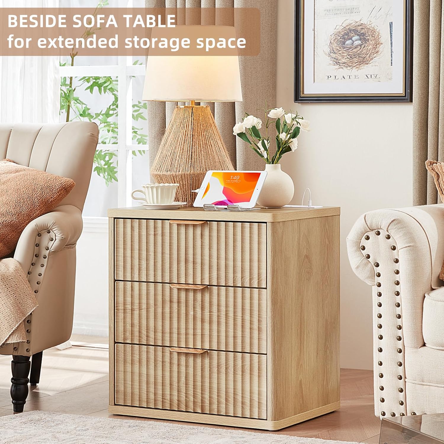 23" Wide Fluted Night Stand with Charging Station, 3 Drawers Large End Table with Storage,Nightstand Wood Bedside Tables, Farmhouse Cabinet Dresser for Bedroom,Closet