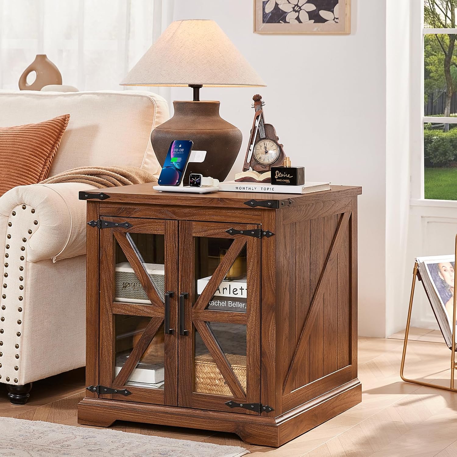 24" End Table with Charging Station, Farmhouse Night Stand with Glass Barn Door, White Nightstands with Adjustable Storage Shelf, Large Wood Square Bed Side Table for Living Room,Bedroom
