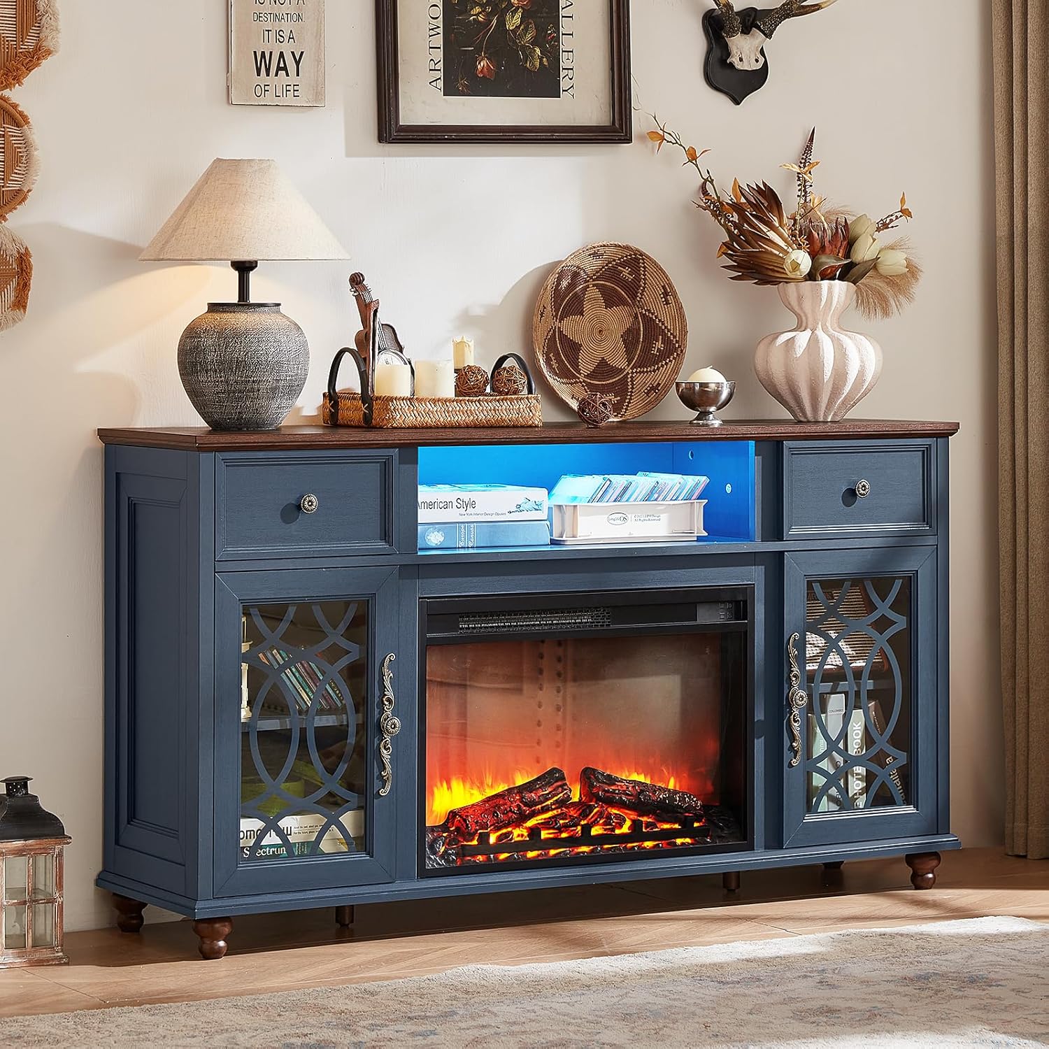 Farmhouse Fireplace TV Stand, 59" Entertainment Center with Electric Fireplace & LED Lights for TVs up to 65'', Glass Door Fire Place TV Stands for Living Room, Media Console w/Drawers, Blue