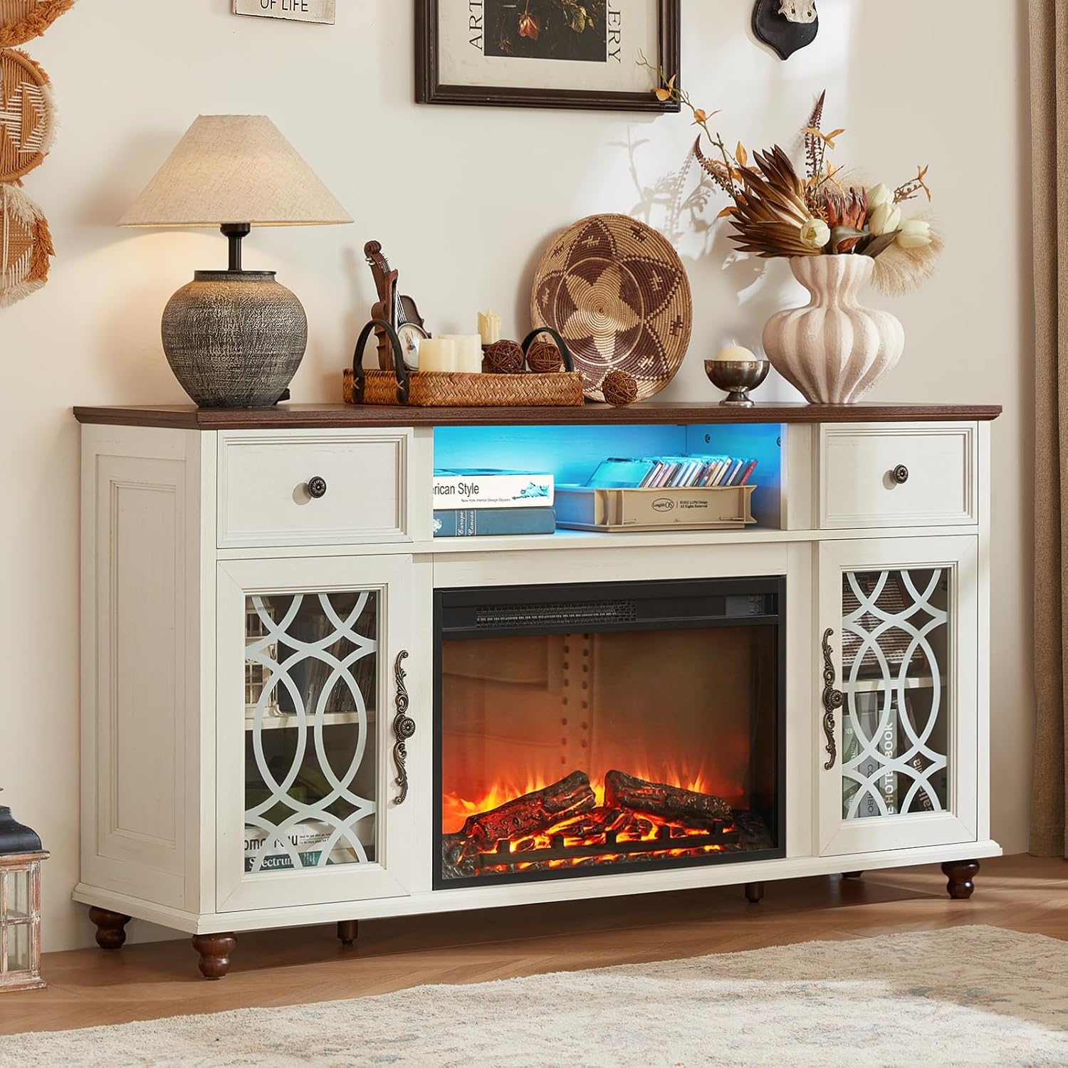 Farmhouse White Fireplace TV Stand, 59" Entertainment Center with Electric Fireplace & LED Lights for TVs up to 65'', Glass Door Fire Place TV Stands for Living Room, Media Console w/Drawers