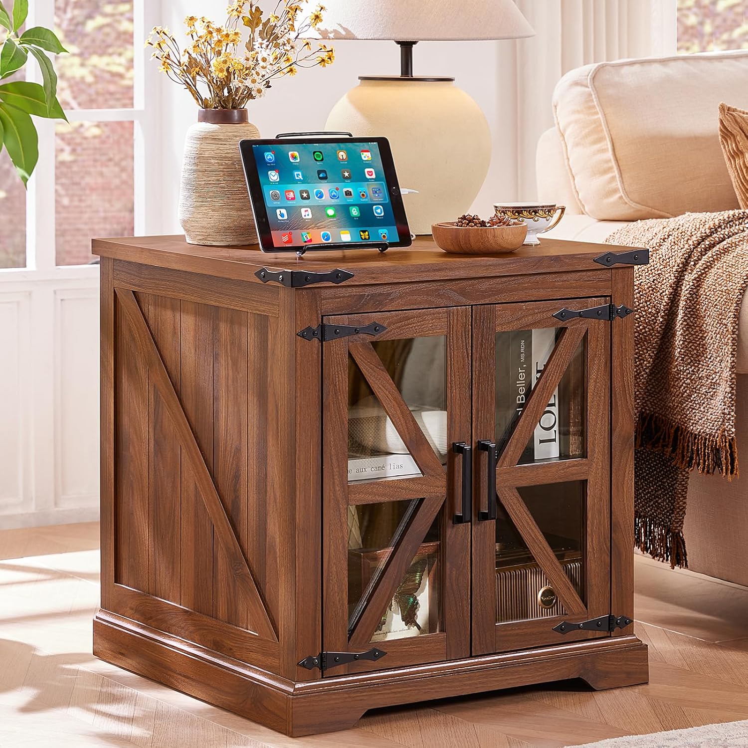 24" End Table with Charging Station, Farmhouse Night Stand with Glass Barn Door, White Nightstands with Adjustable Storage Shelf, Large Wood Square Bed Side Table for Living Room,Bedroom
