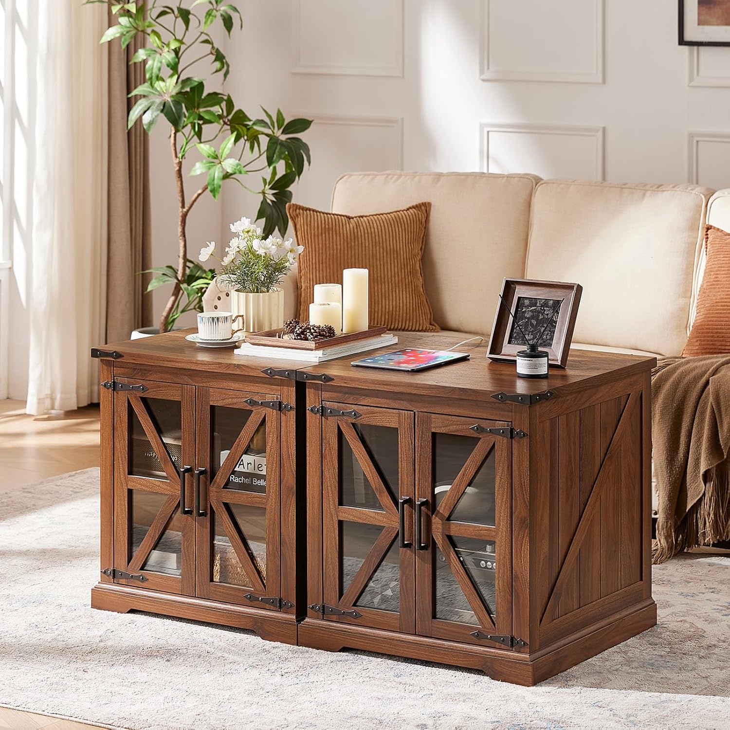 24" End Table with Charging Station, Farmhouse Night Stand with Glass Barn Door, White Nightstands with Adjustable Storage Shelf, Large Wood Square Bed Side Table for Living Room,Bedroom