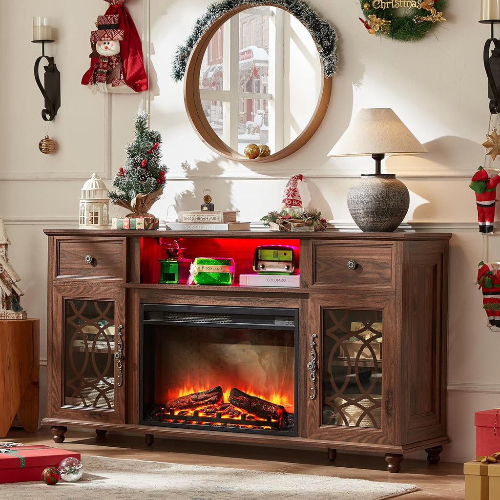 Farmhouse Fireplace TV Stand, 59" Entertainment Center with Electric Fireplace & LED Lights for TVs up to 65'', Glass Door Fire Place TV Stands for Living Room, Media Console w/Drawers,Brown