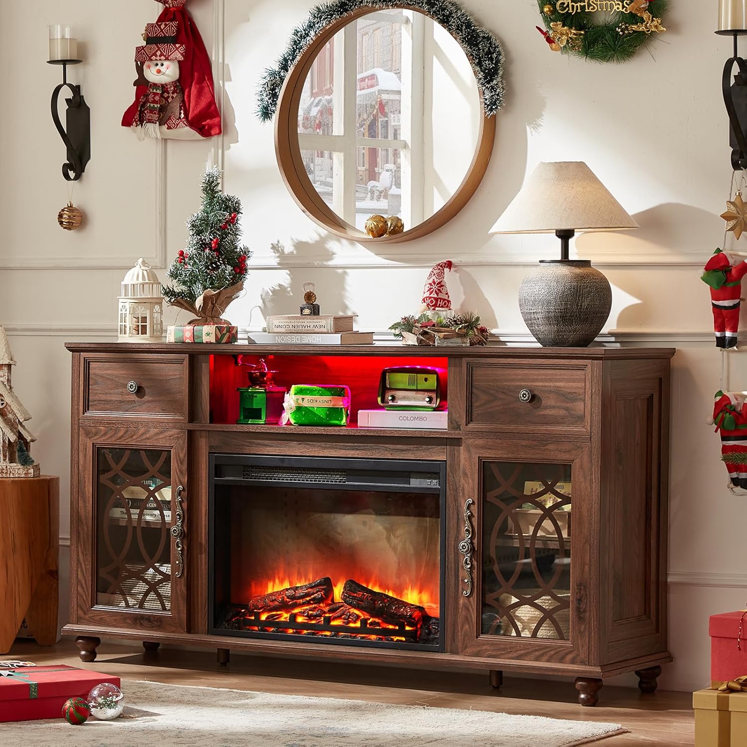 Farmhouse Fireplace TV Stand, 59" Entertainment Center with Electric Fireplace & LED Lights for TVs up to 65'', Glass Door Fire Place TV Stands for Living Room, Media Console w/Drawers,Brown