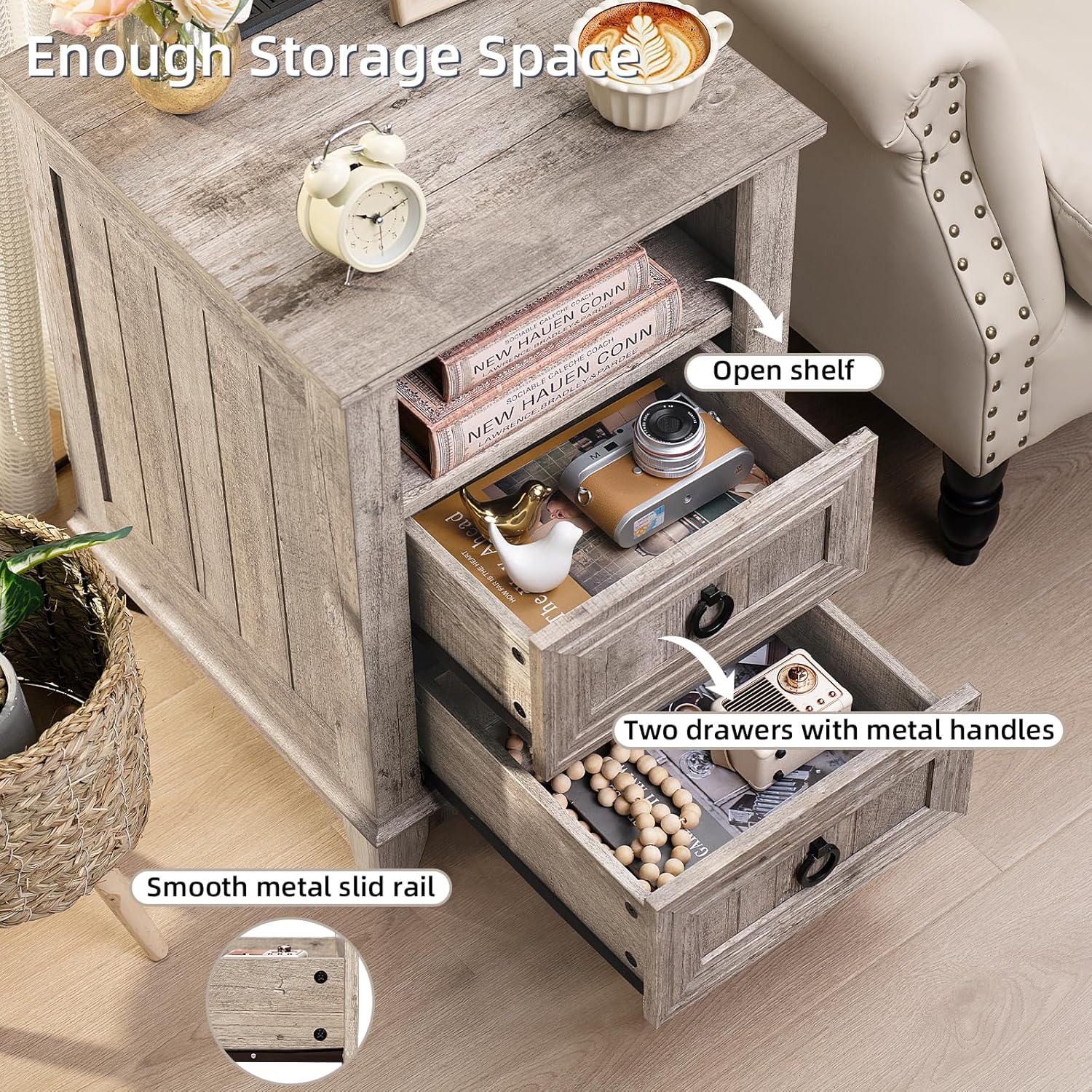 18" Farmhouse Night Stand with Charging Station, 2 Drawers End Table Dresser for Bedroom, Black Wooden Nightstand, Bed Side Table with Open Shelf, Bedside Cabinet for Living Room, Closet
